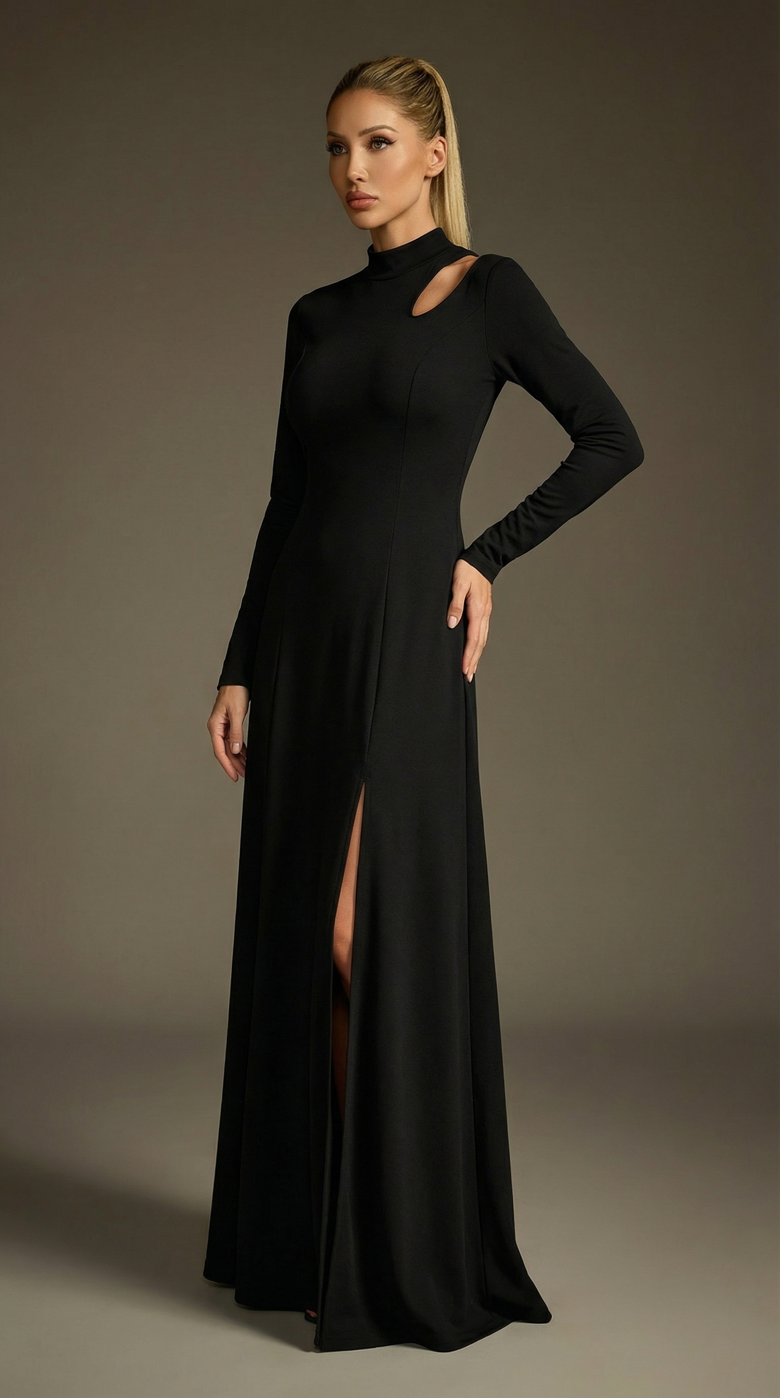 Damla Detaylı Yırtmaçlı Siyah Maxi Elbise