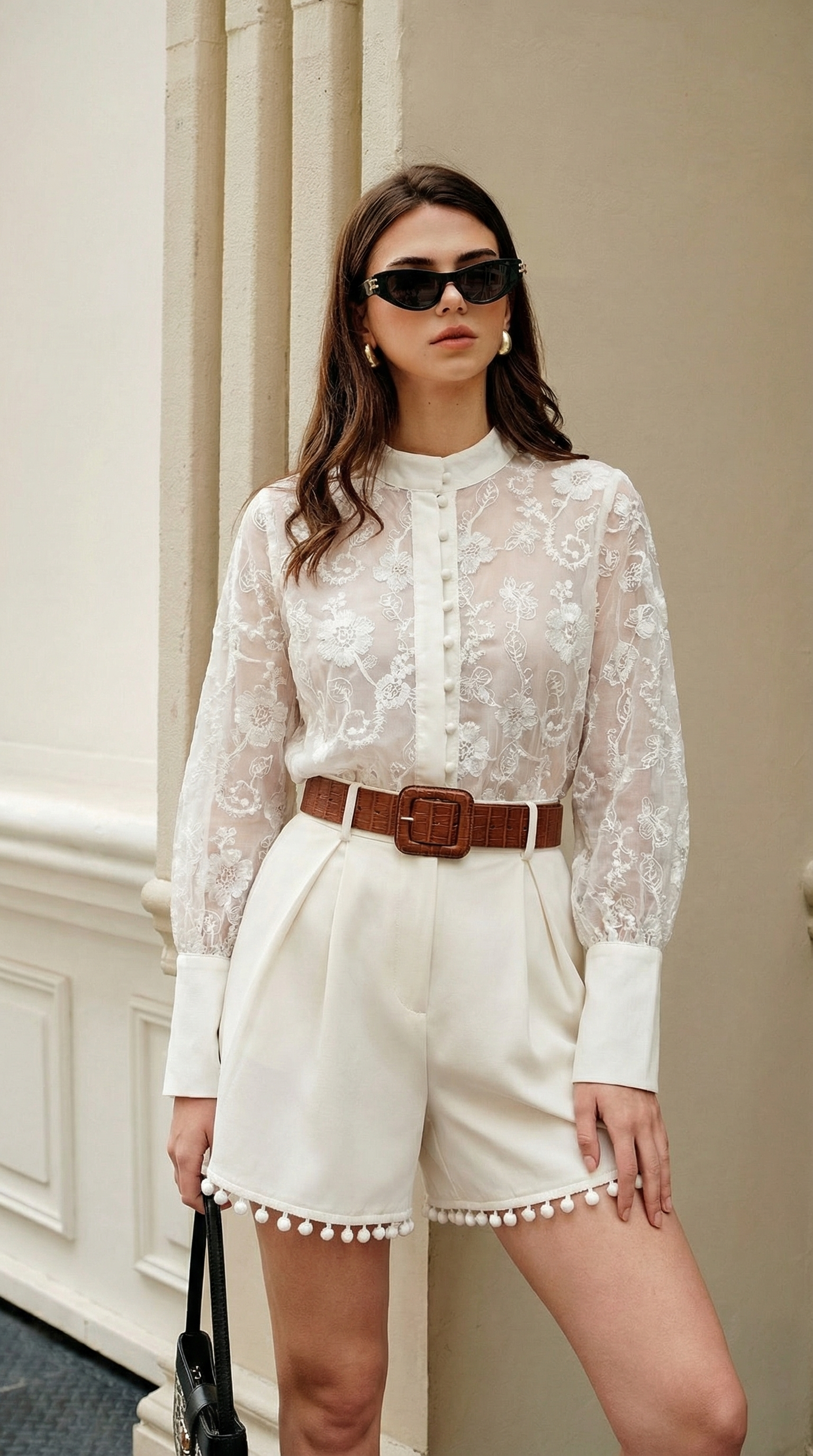 Dantel Gömlek ve Ponponlu Ekru Şort Takım