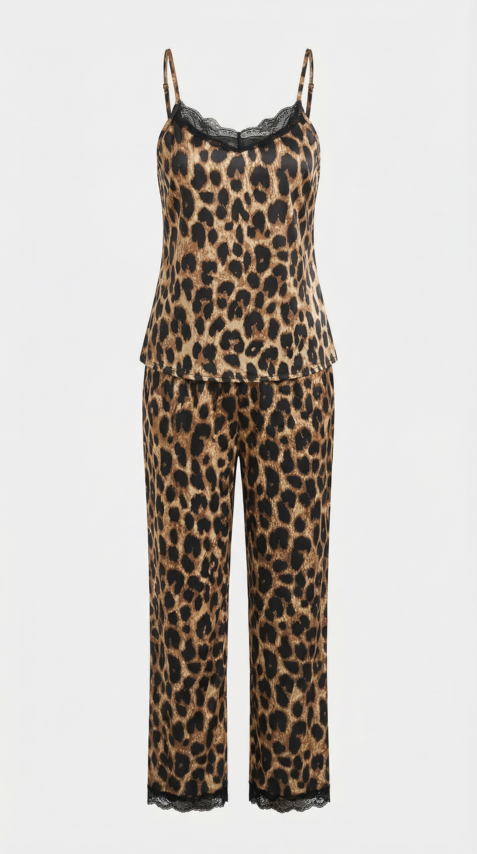 Leopar Desenli Dantelli İkili Pijama Takımı