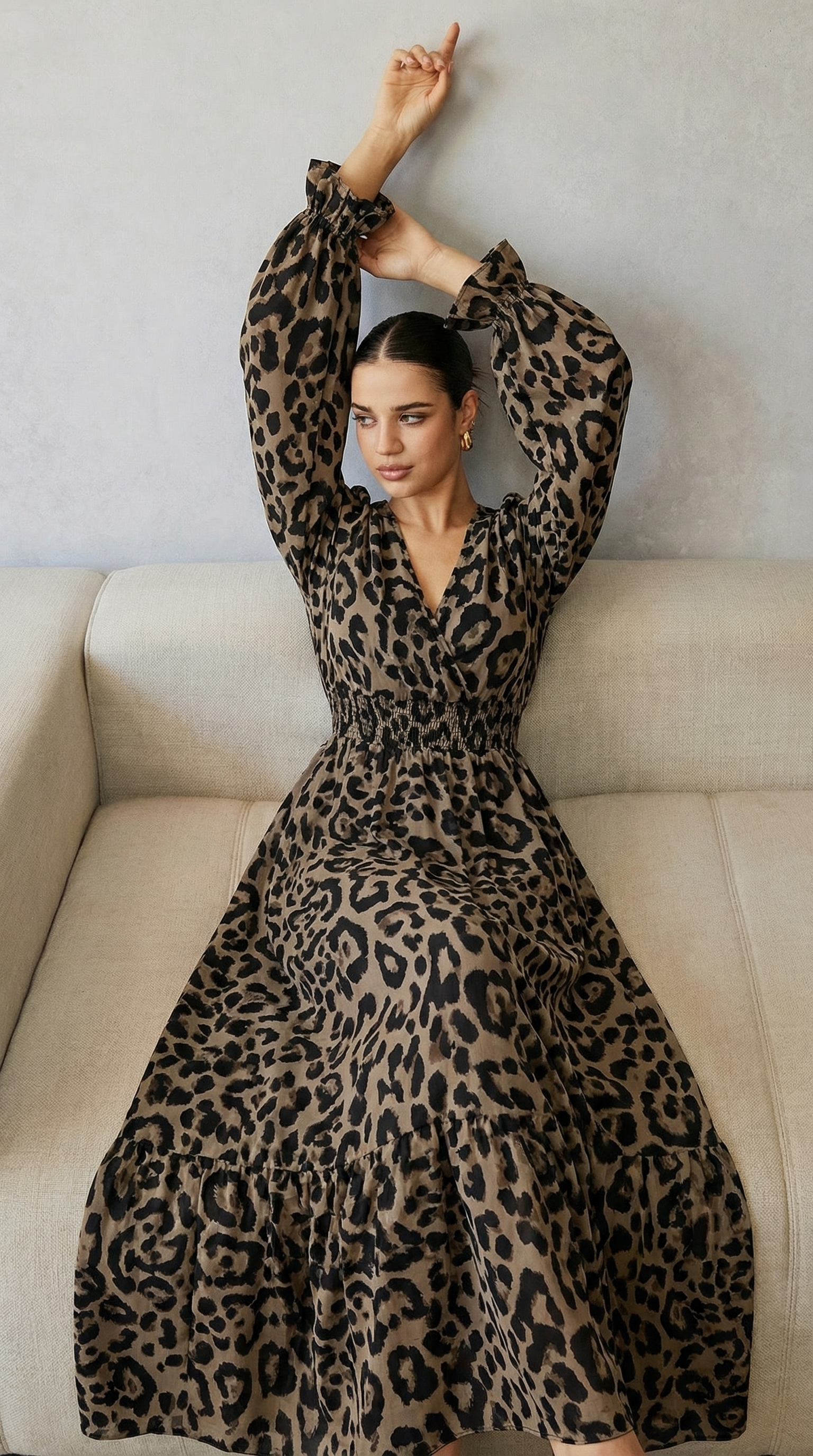 Leopar Desenli Kruvaze Yaka Uzun Elbise