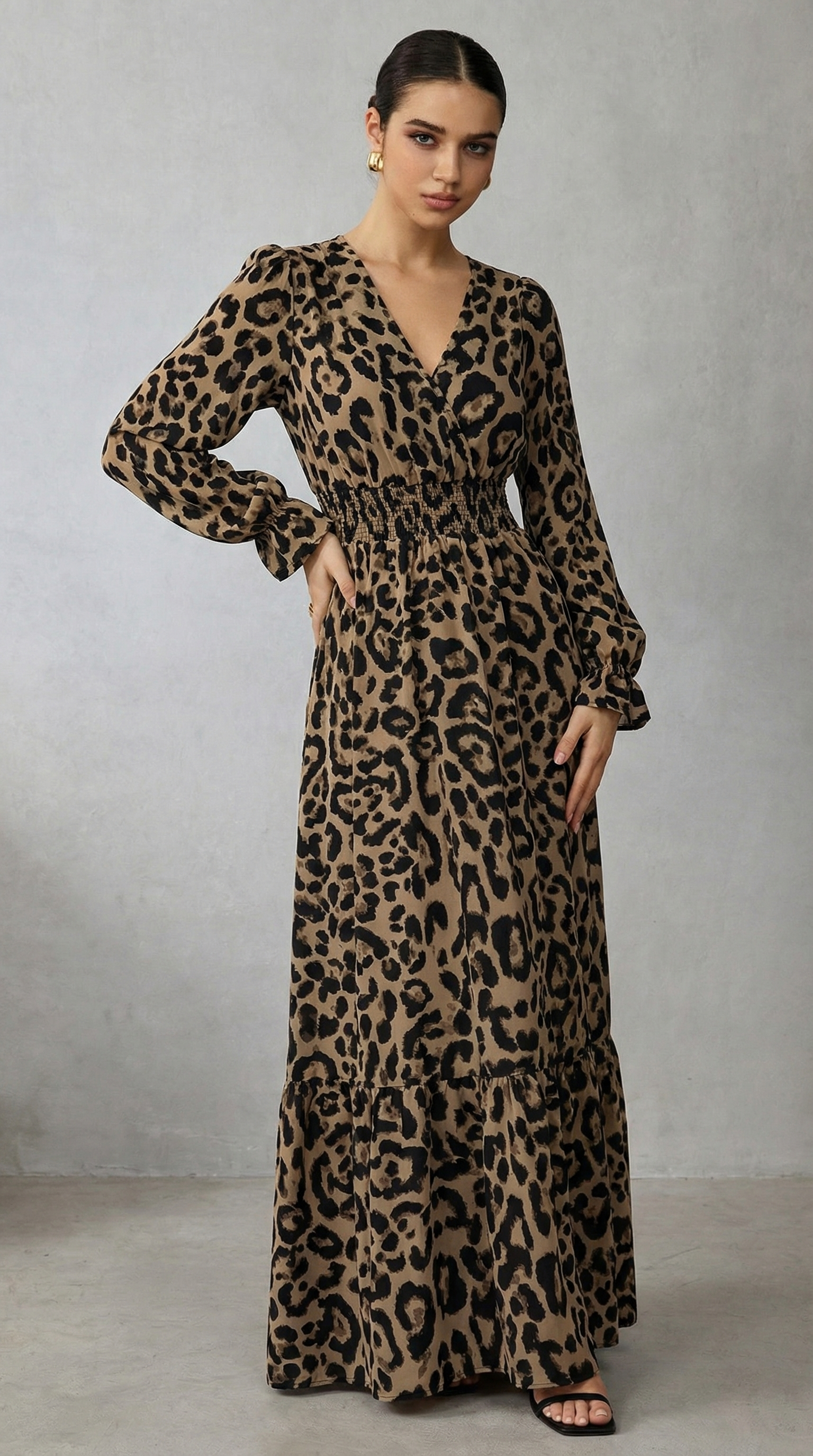 Leopar Desenli Kruvaze Yaka Uzun Elbise