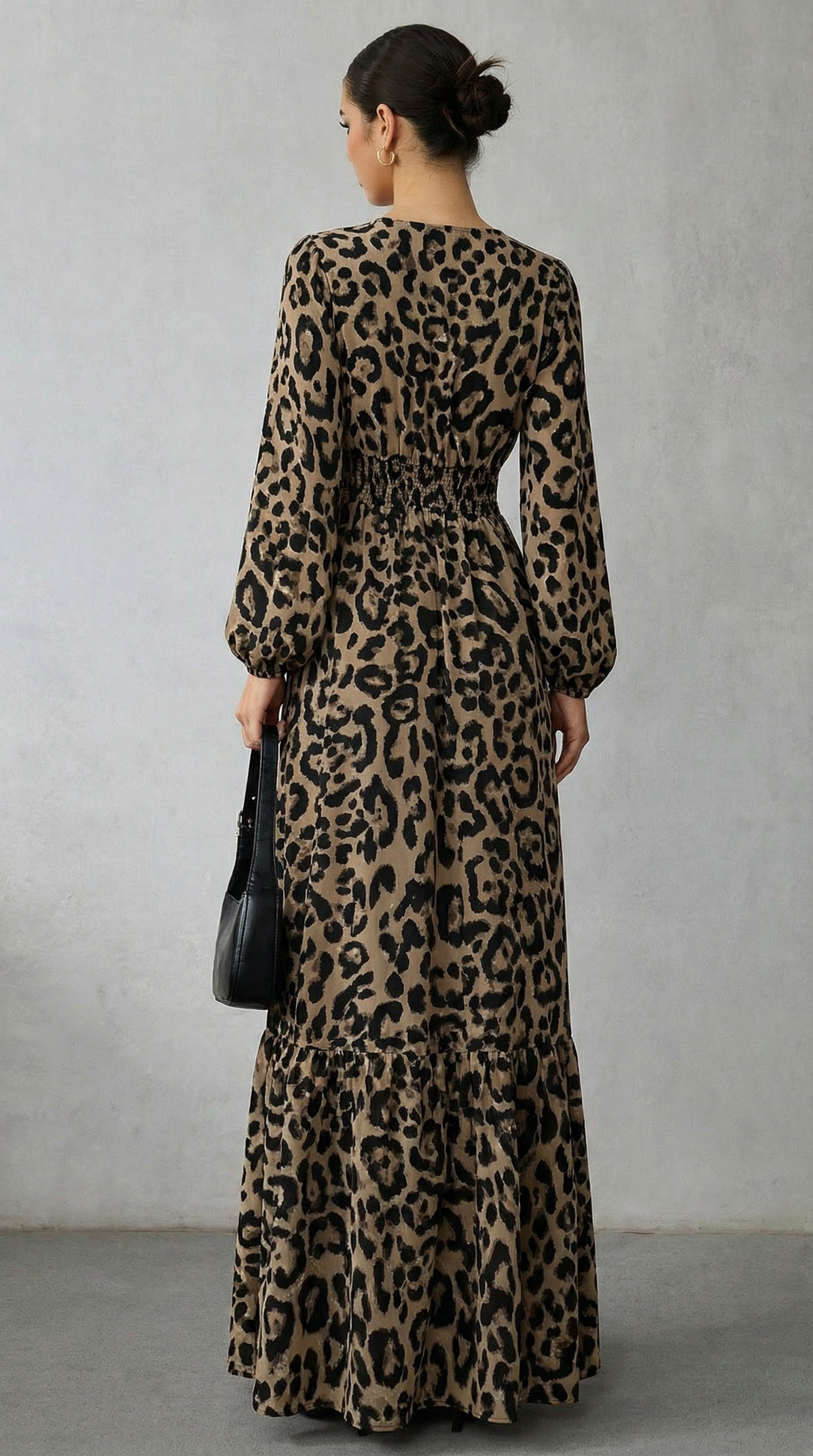 Leopar Desenli Kruvaze Yaka Uzun Elbise