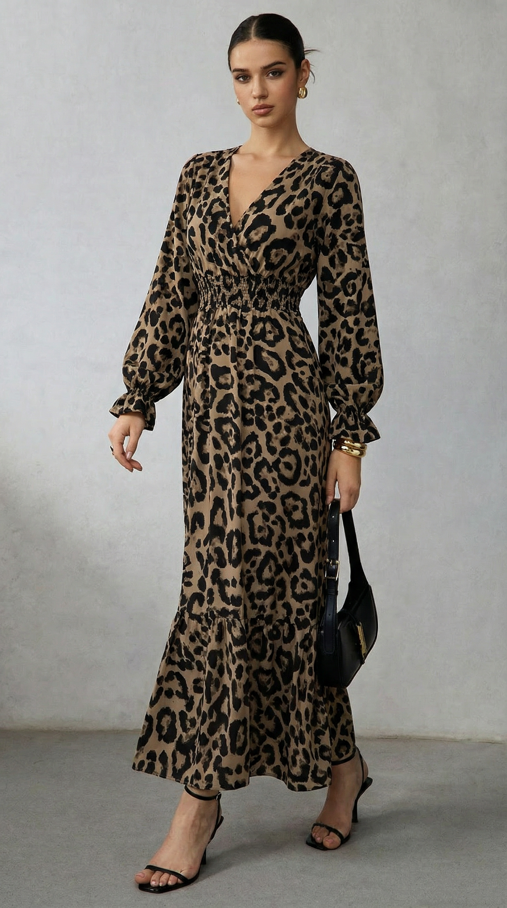 Leopar Desenli Kruvaze Yaka Uzun Elbise