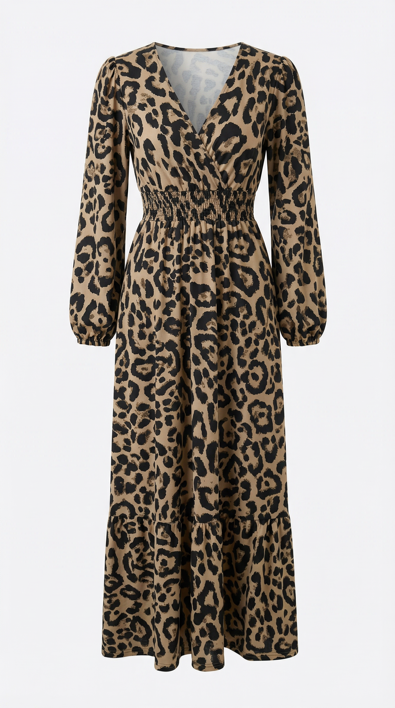 Leopar Desenli Kruvaze Yaka Uzun Elbise