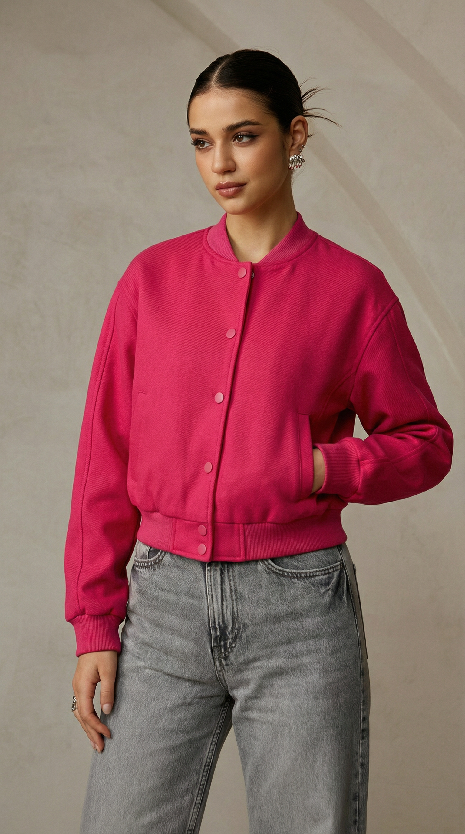 Fuşya Renkli Düğmeli Bomber Mont