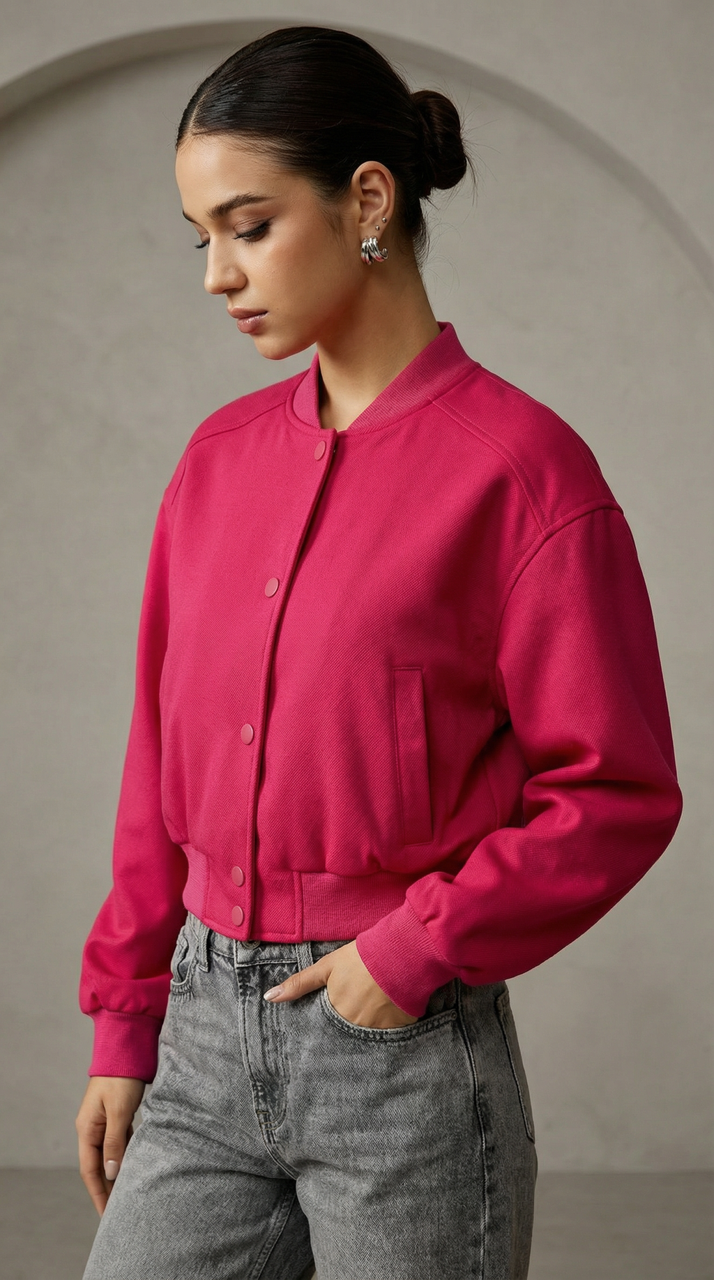 Fuşya Renkli Düğmeli Bomber Mont