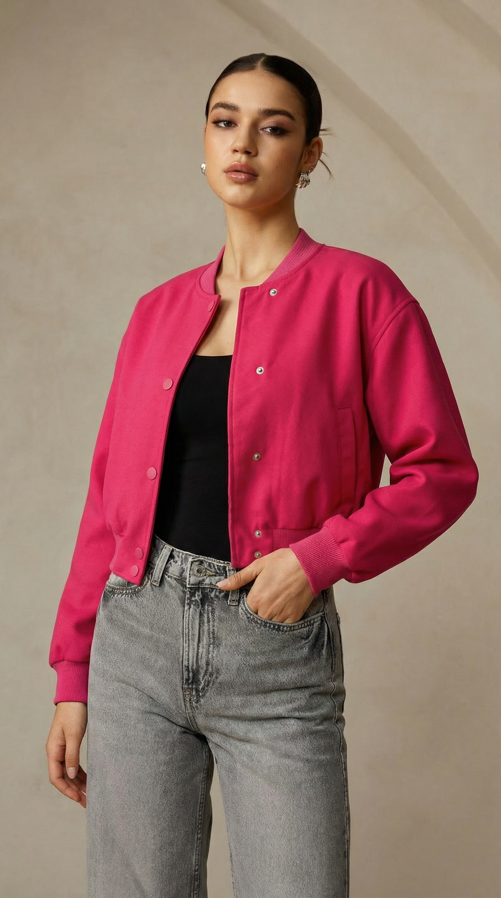 Fuşya Renkli Düğmeli Bomber Mont