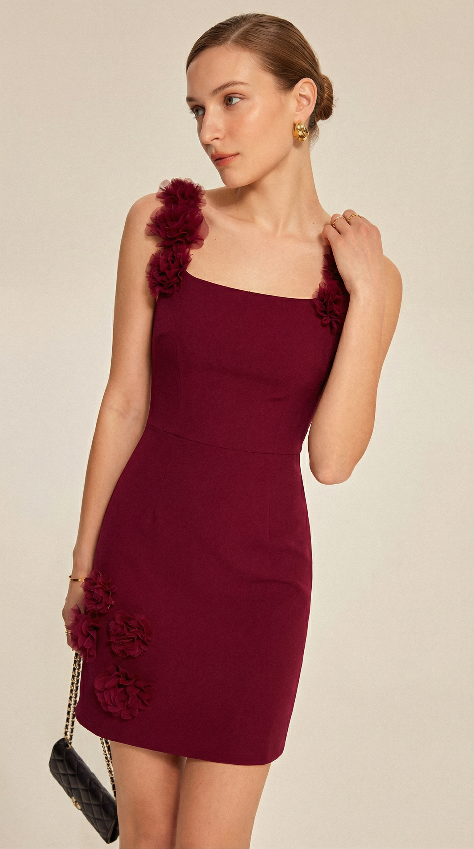 Bordo 3D Çiçek Detaylı Mini Elbise