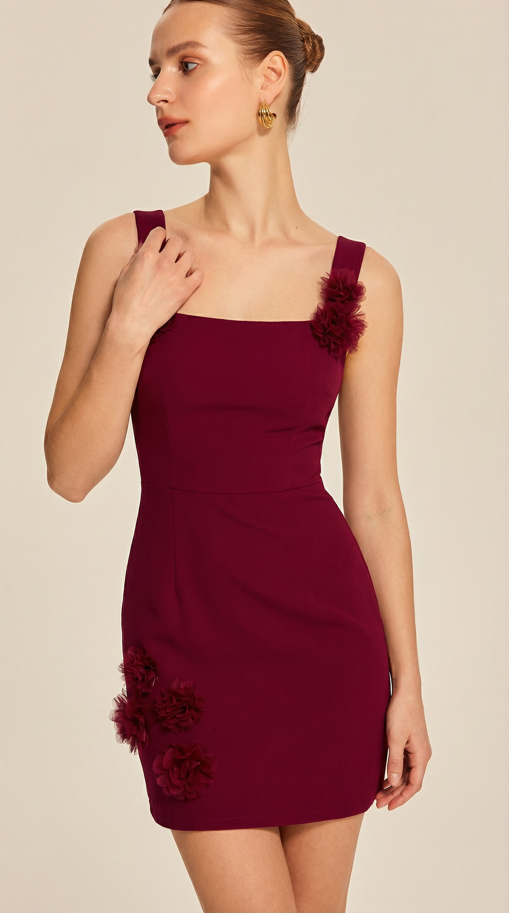 Bordo 3D Çiçek Detaylı Mini Elbise