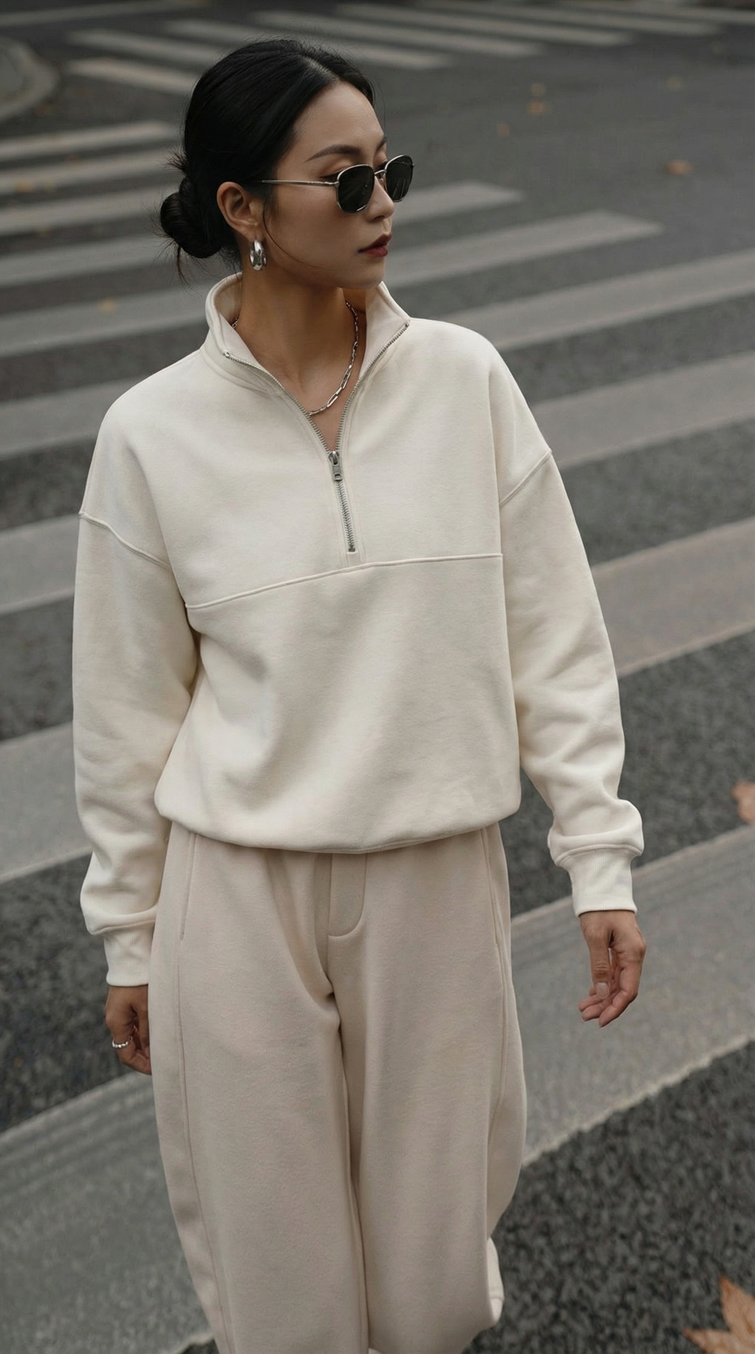 Yarım Fermuarlı Beyaz Oversize Sweatshirt