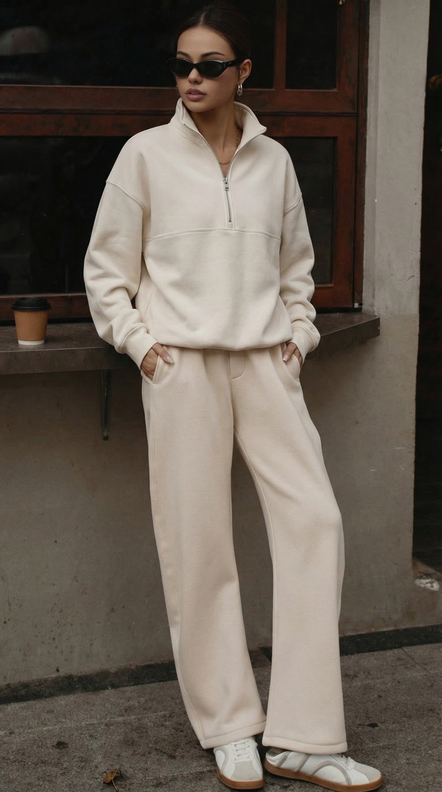 Yarım Fermuarlı Beyaz Oversize Sweatshirt