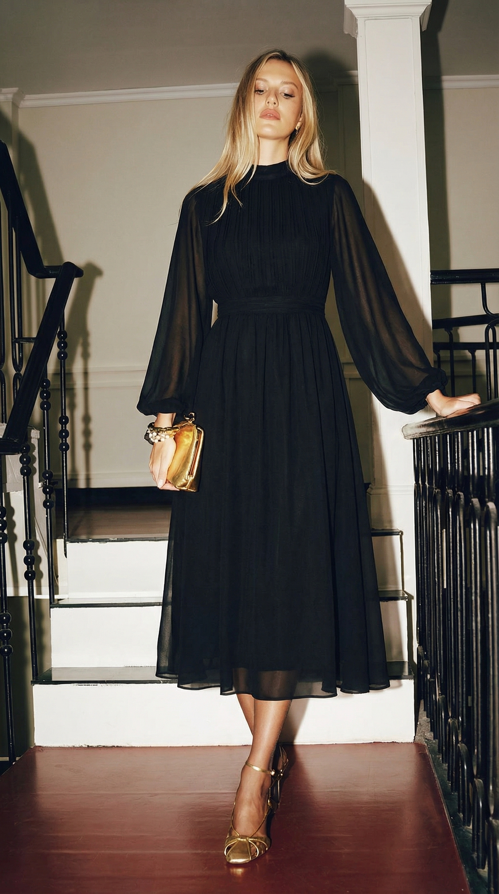 Şifon Uzun Kollu Siyah Midi Elbise