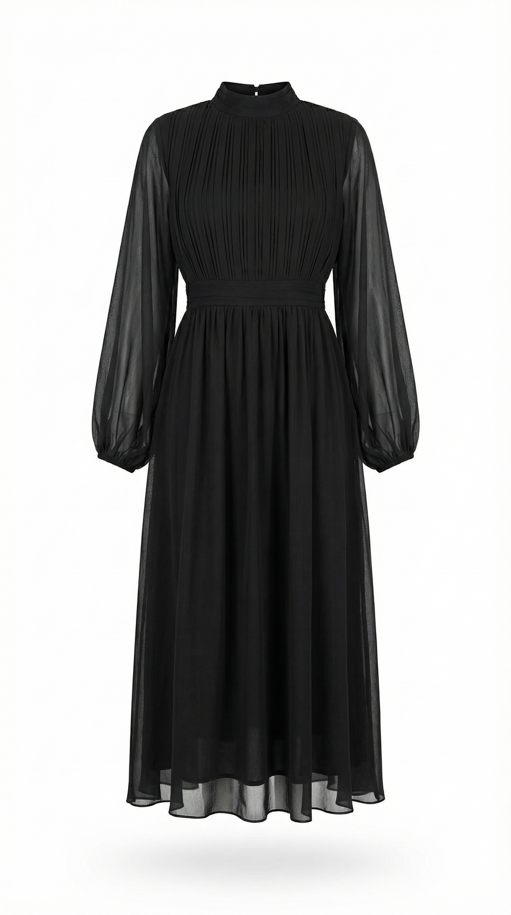 Şifon Uzun Kollu Siyah Midi Elbise