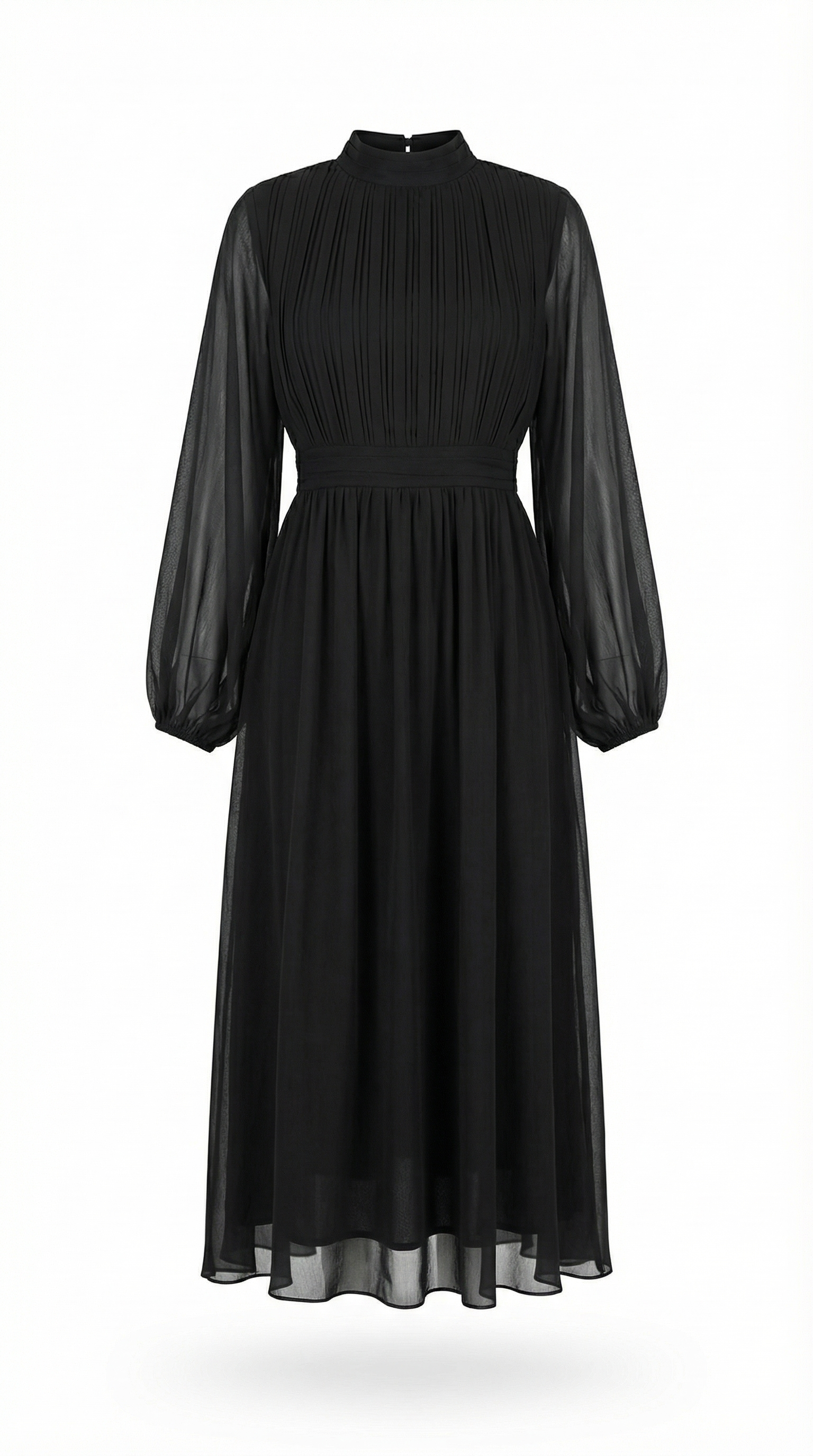 Şifon Uzun Kollu Siyah Midi Elbise