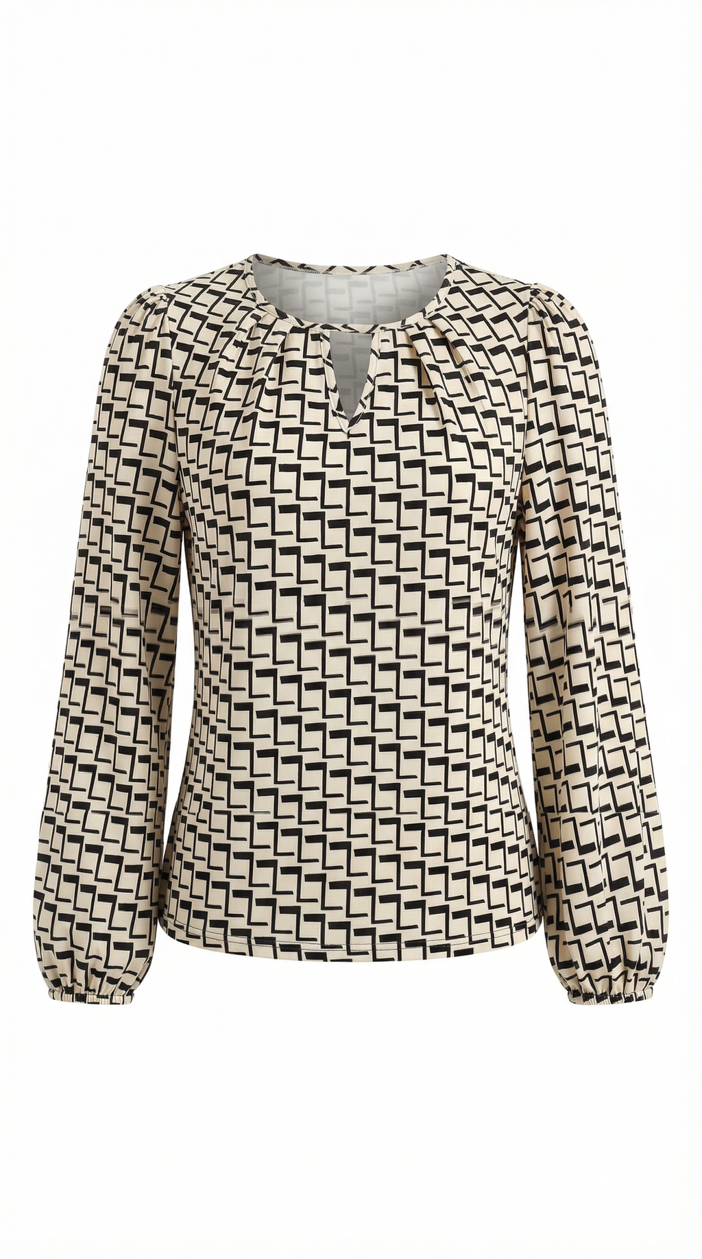 Geometrik Desenli Damla Yaka Uzun Kollu Bluz