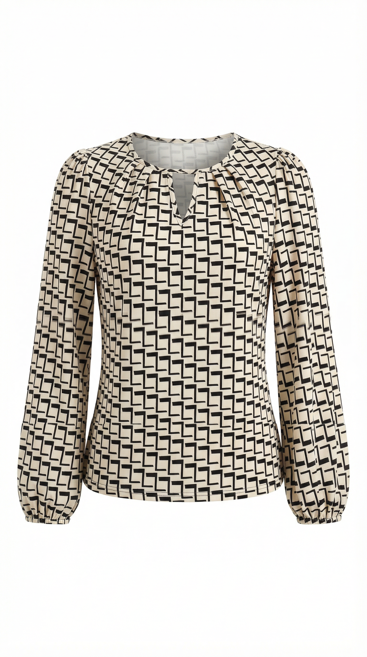 Geometrik Desenli Damla Yaka Uzun Kollu Bluz