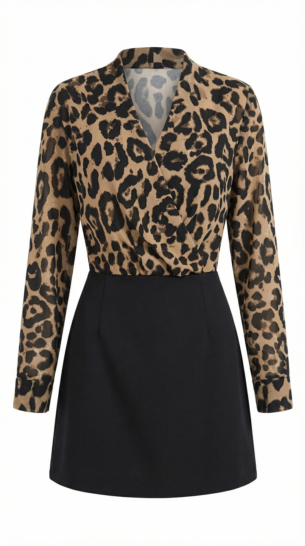 Leopar Desenli Kruvaze Yaka Mini Elbise