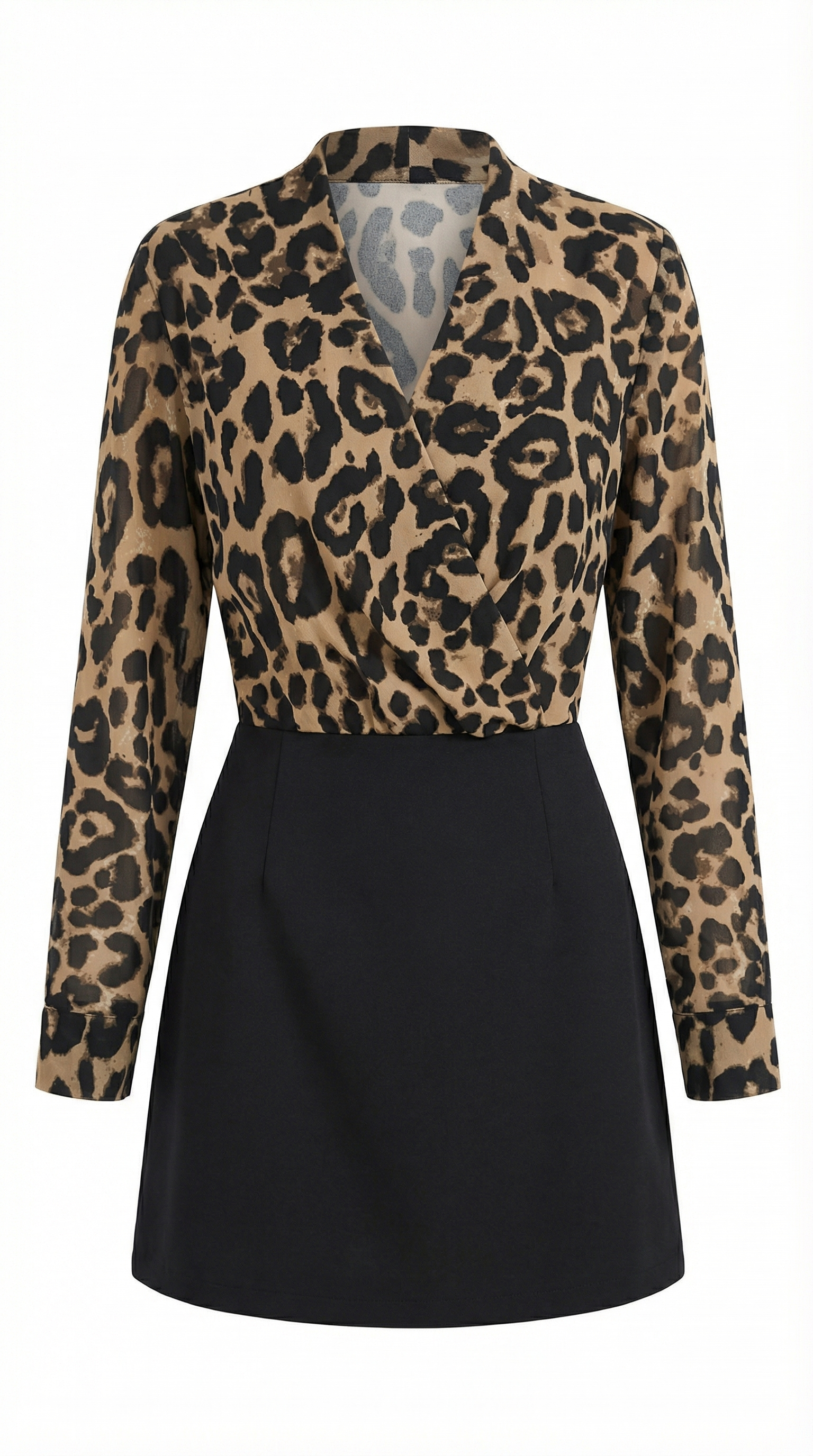 Leopar Desenli Kruvaze Yaka Mini Elbise