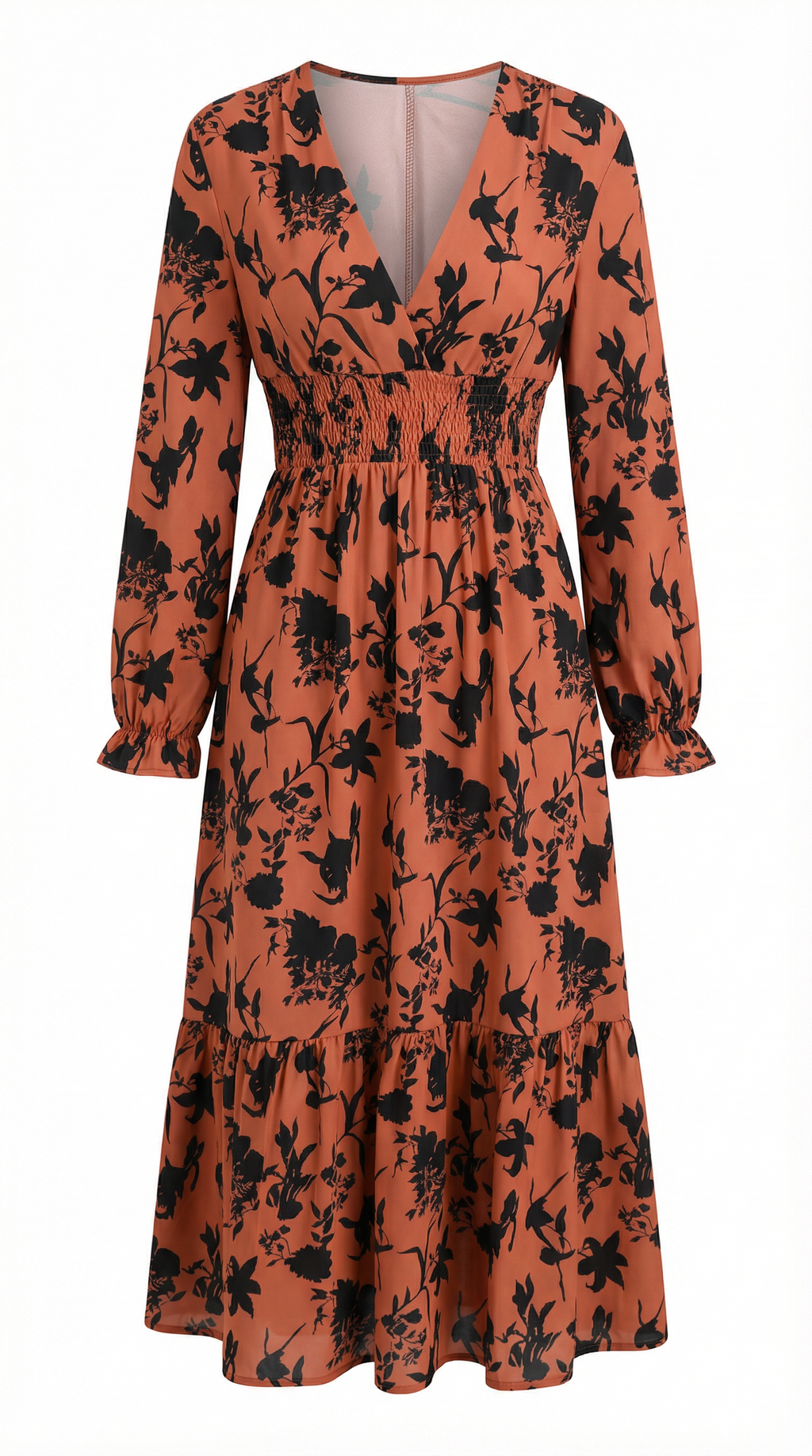 Siyah Çiçek Desenli Kruvaze Yakalı Maksi Elbise