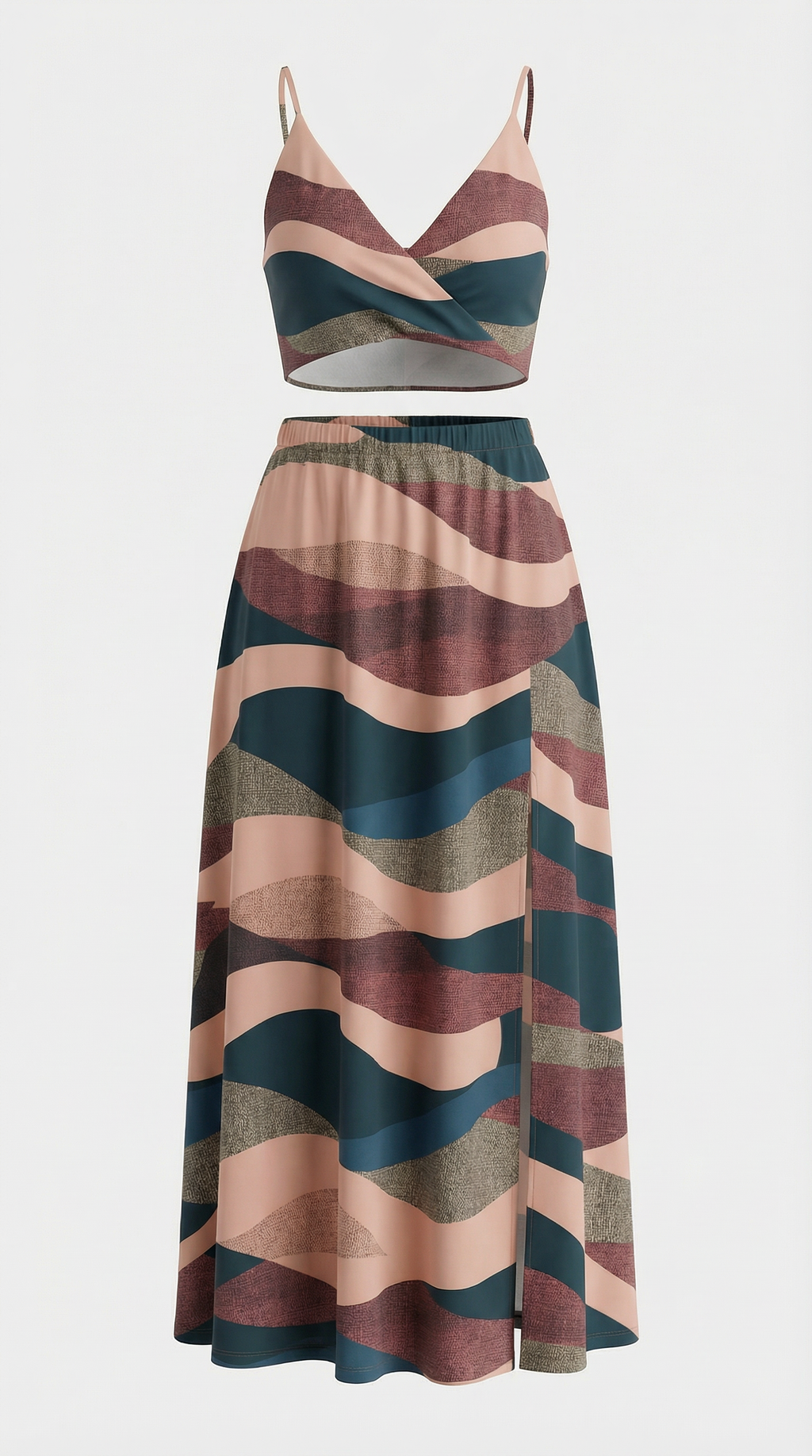 Desenli Askılı Crop ve Etek Takımı