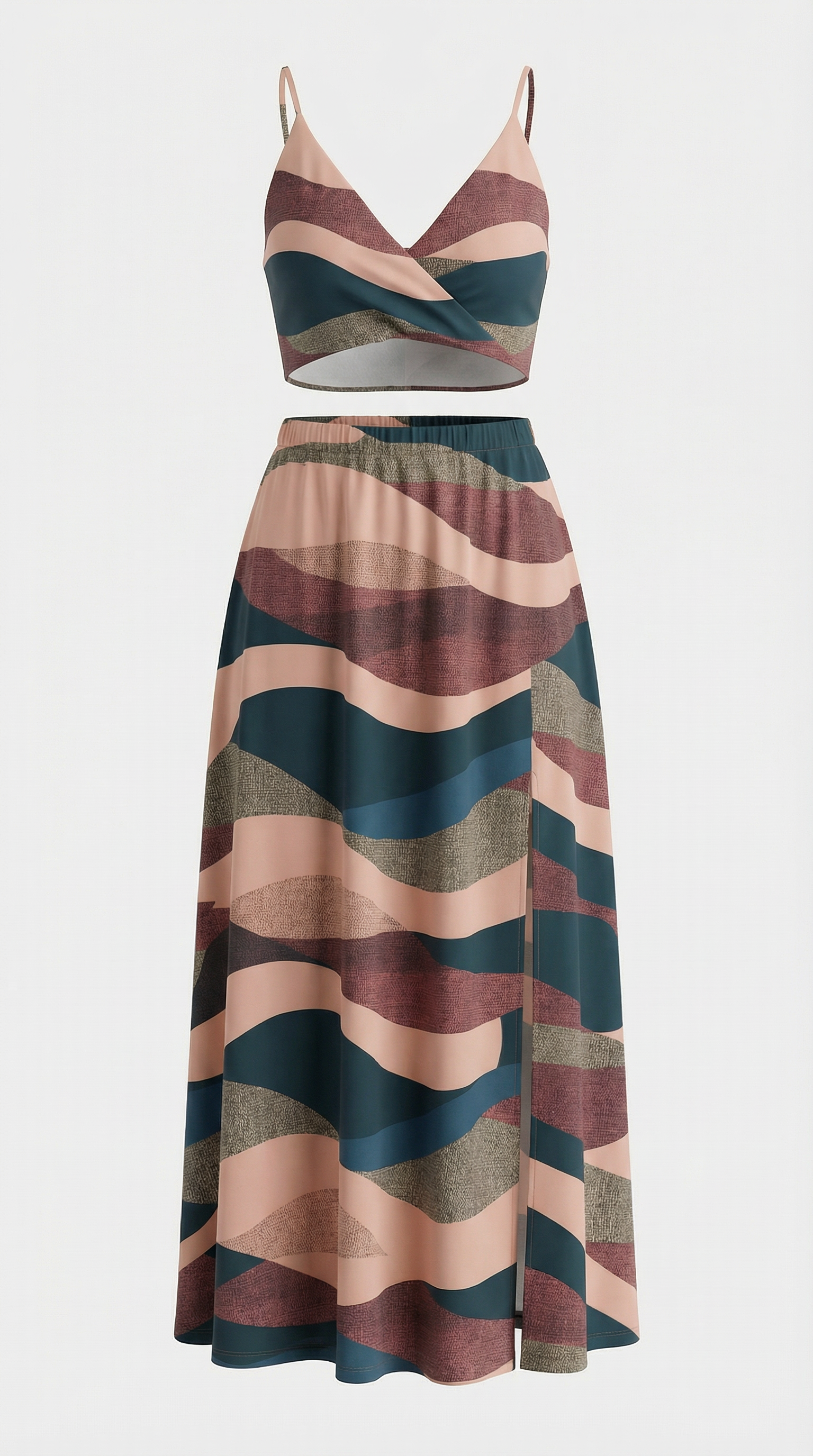 Desenli Askılı Crop ve Etek Takımı