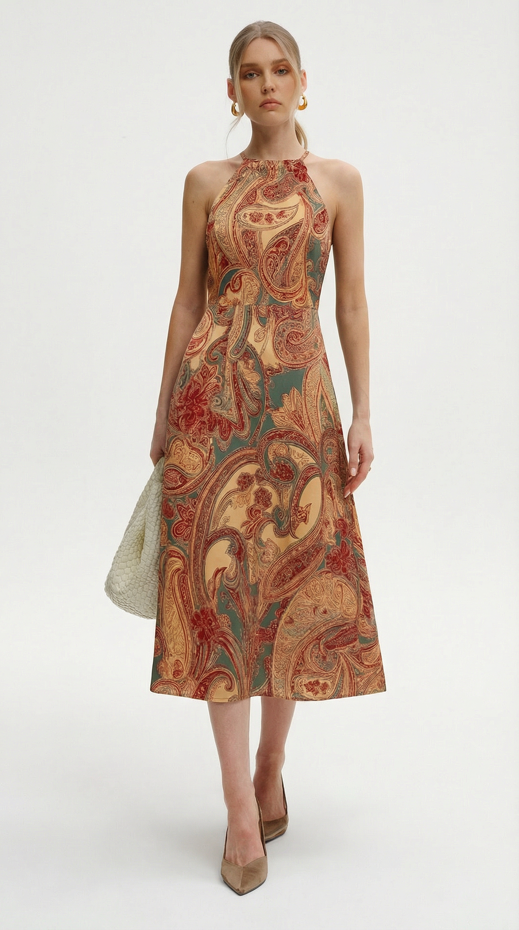 Etnik Desenli Boyundan Bağlamalı Uzun Elbise