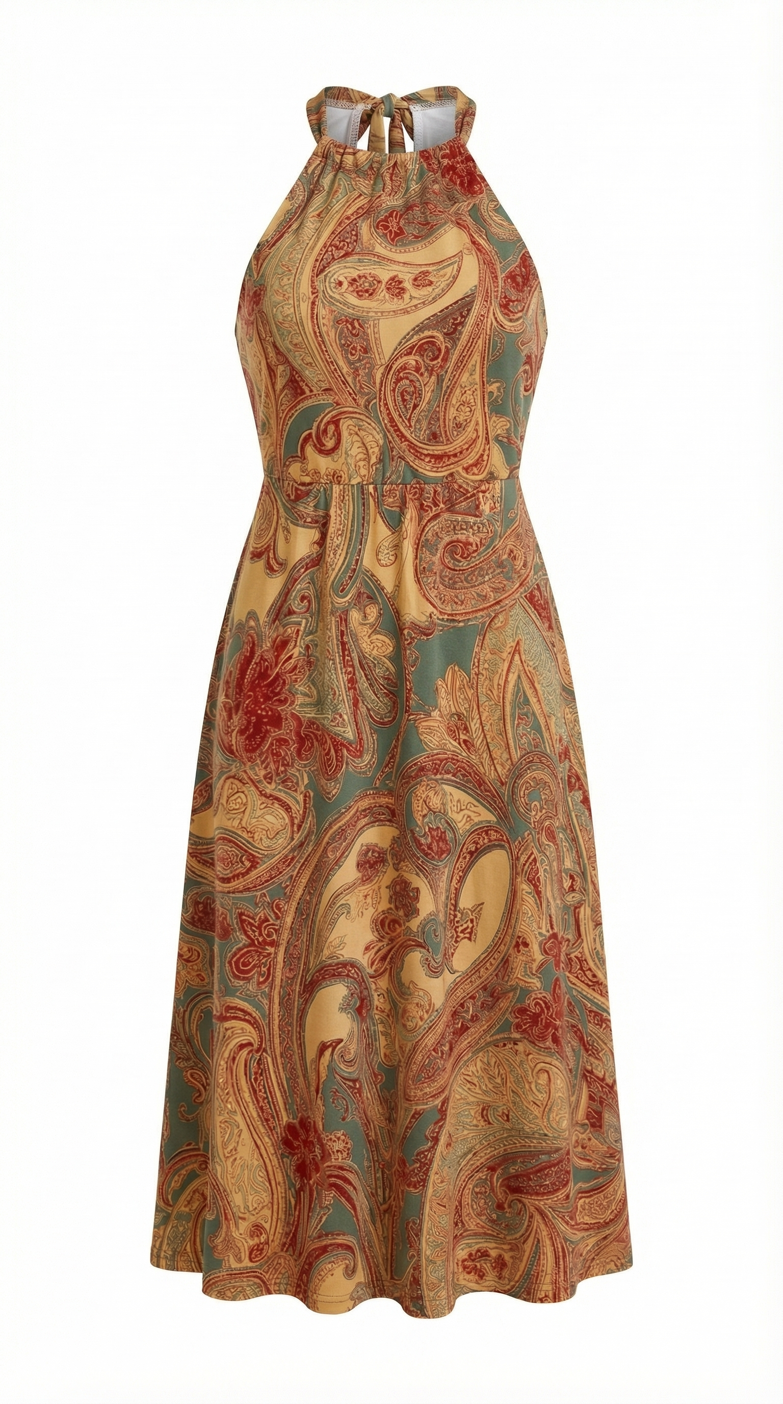 Etnik Desenli Boyundan Bağlamalı Uzun Elbise