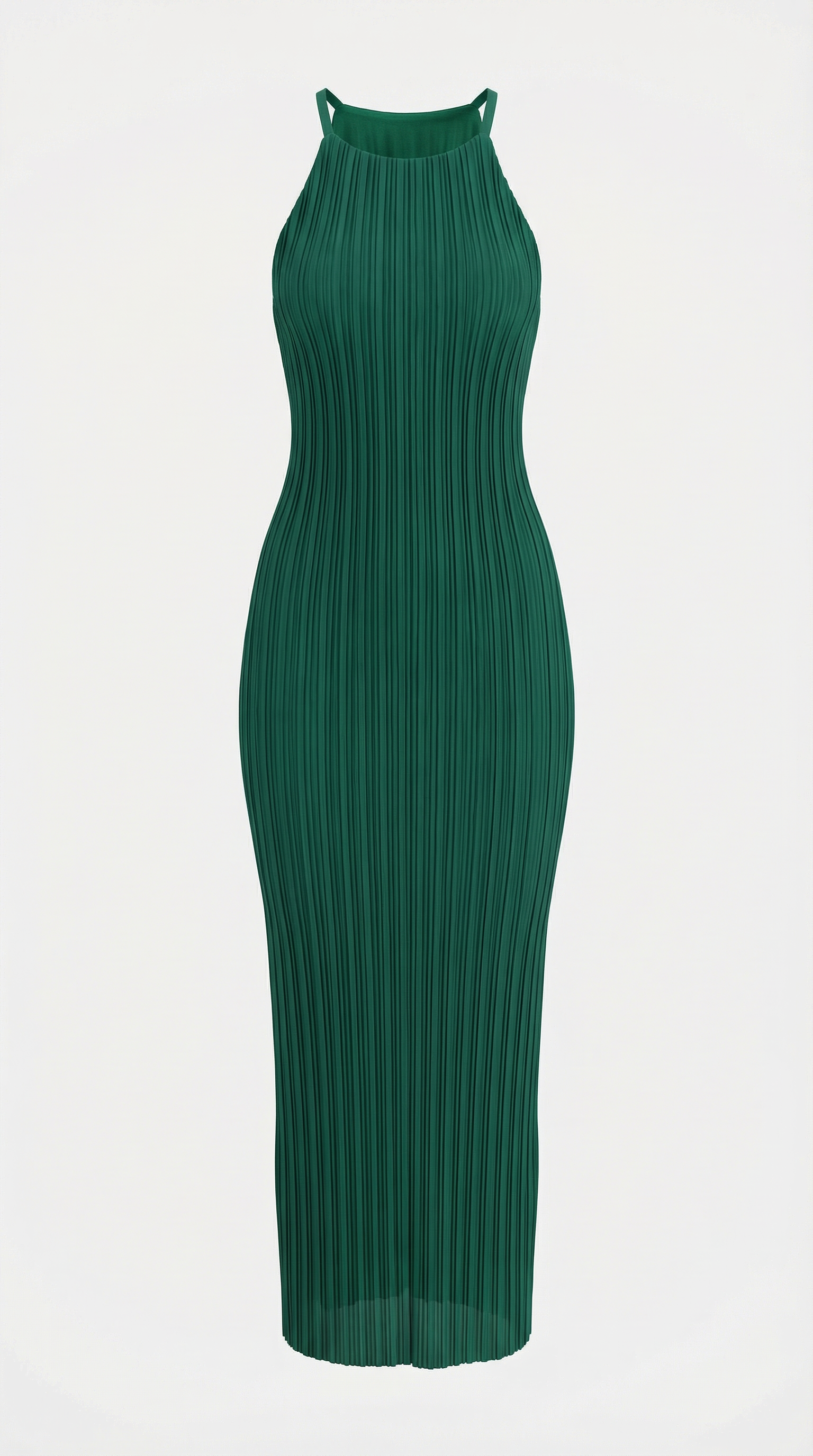 Zümrüt Renk Piliseli Halter Yaka Elbise