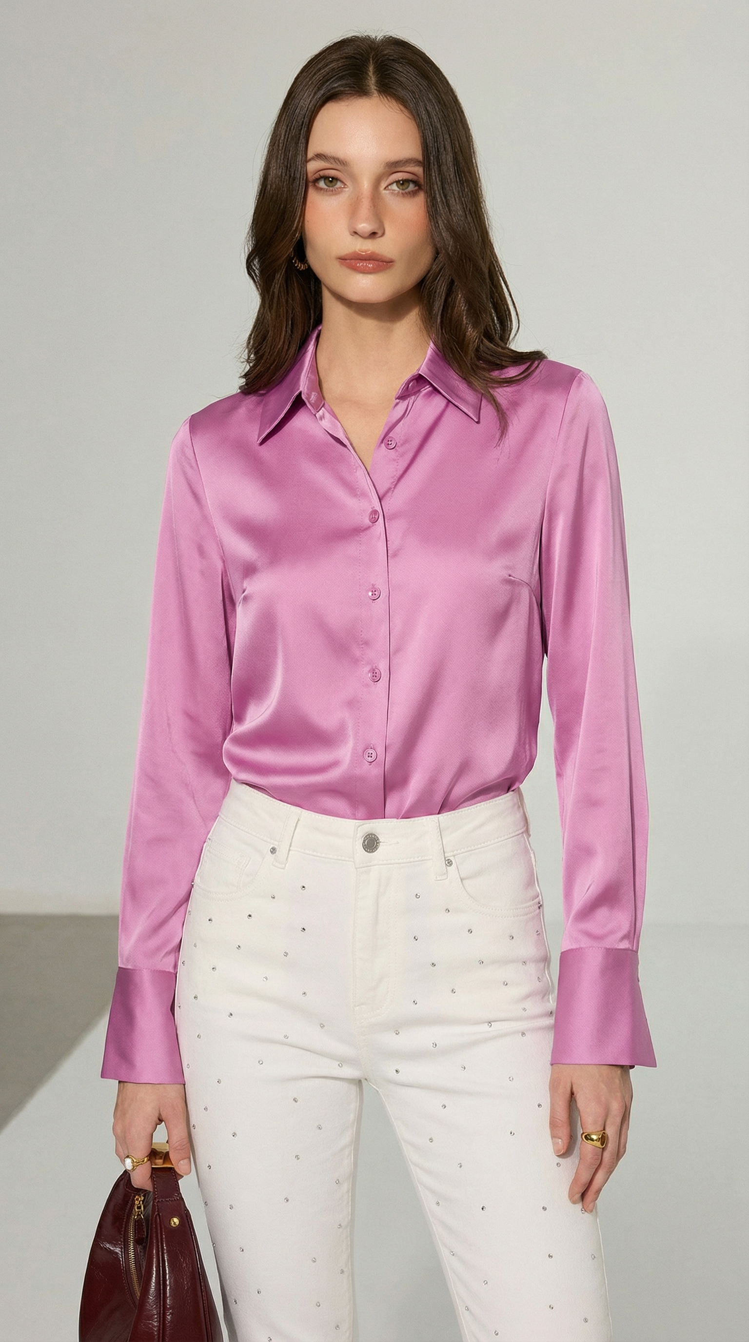 Pembe Saten Düğmeli Gömlek