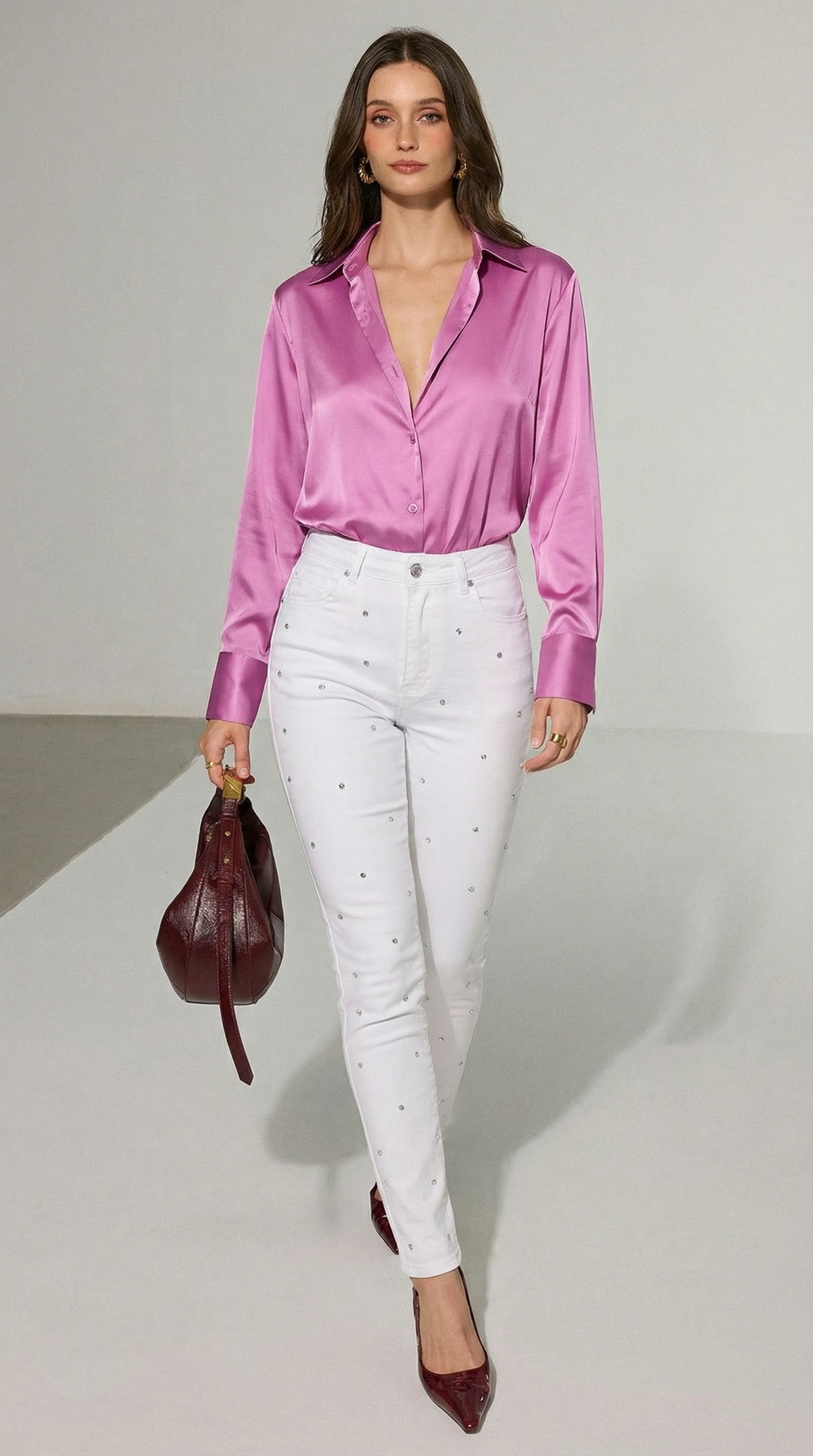 Pembe Saten Düğmeli Gömlek