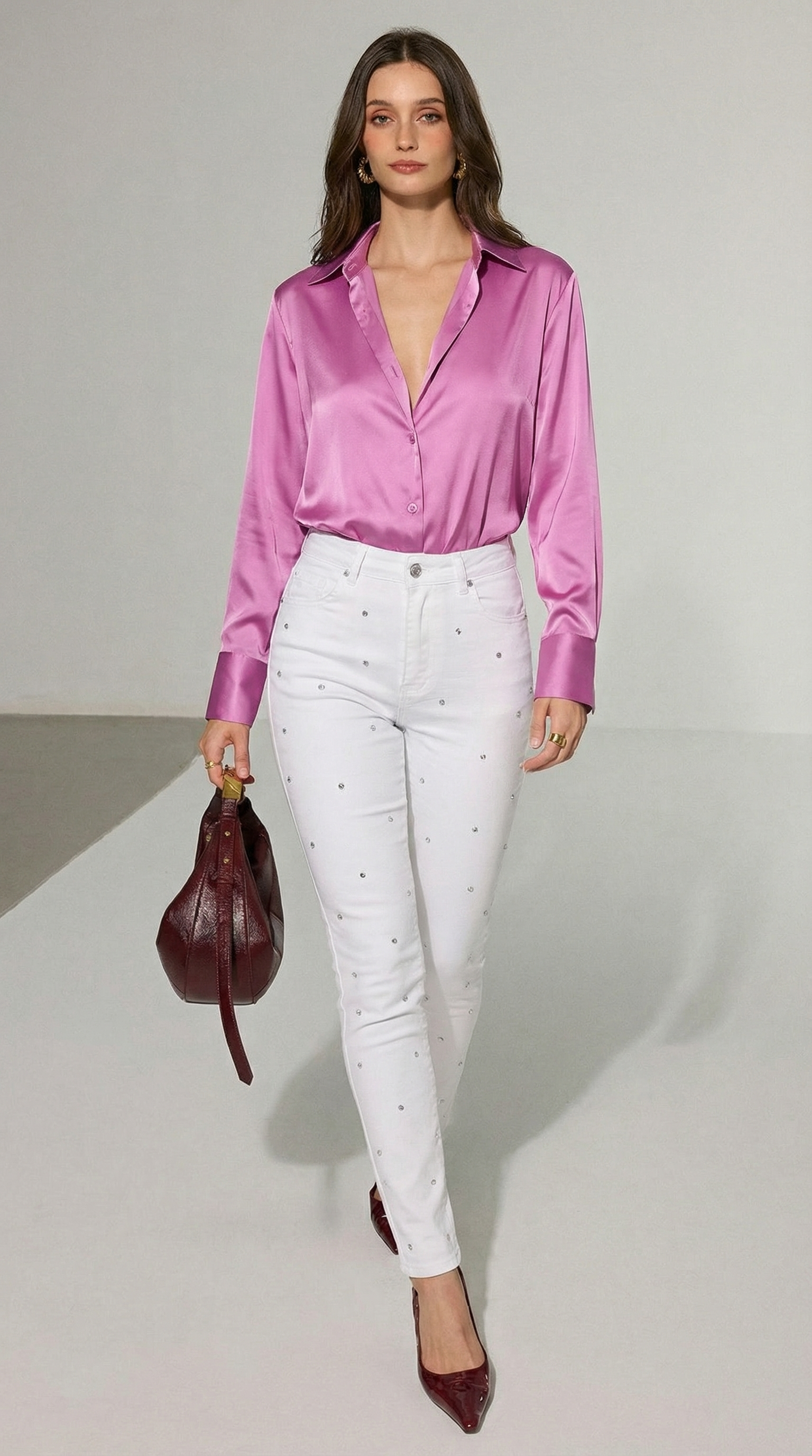 Pembe Saten Düğmeli Gömlek