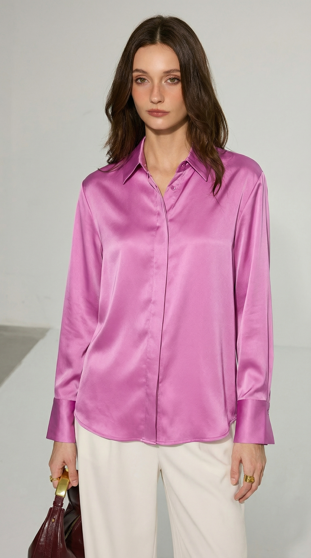 Pembe Saten Düğmeli Gömlek