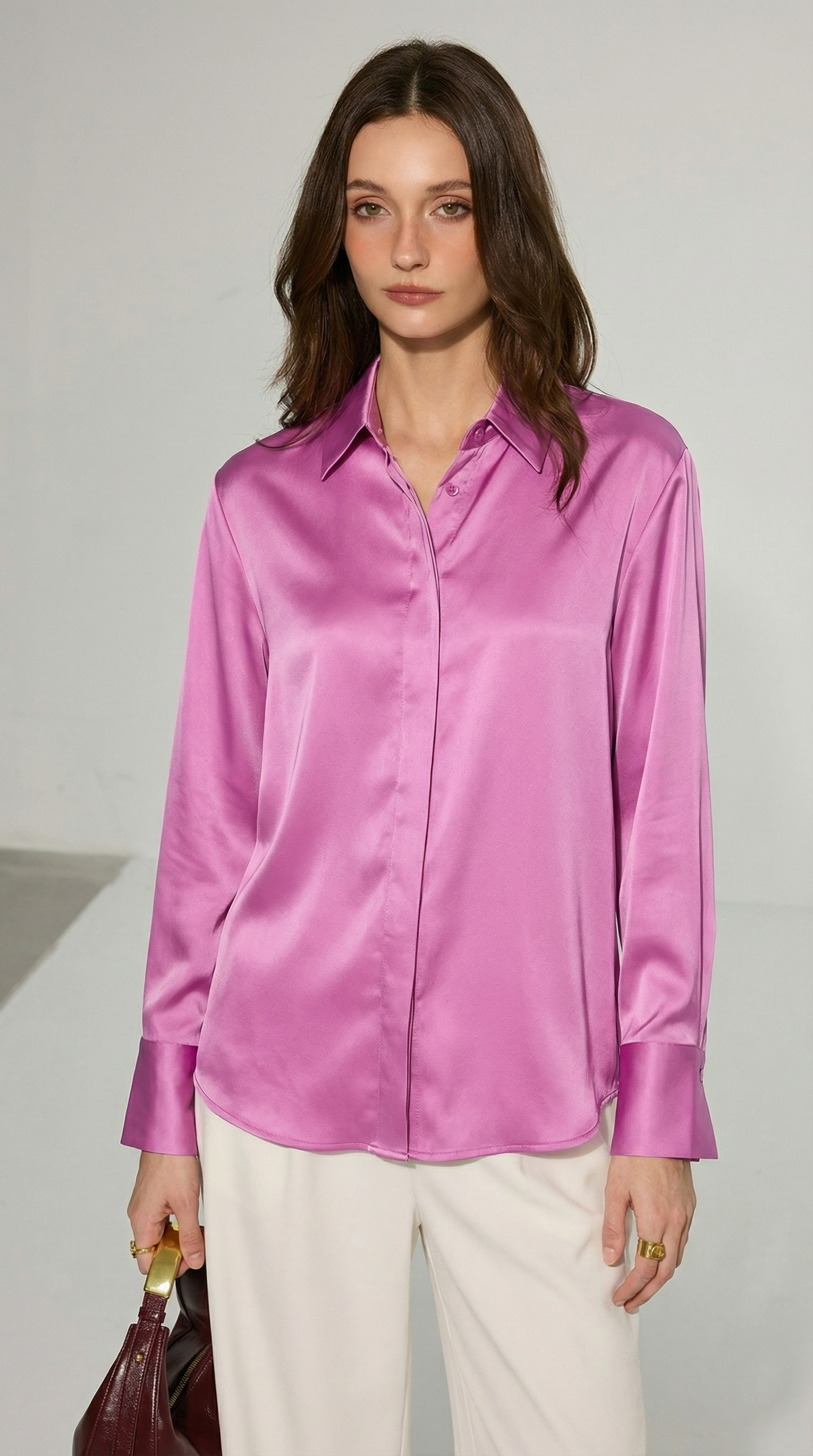 Pembe Saten Düğmeli Gömlek
