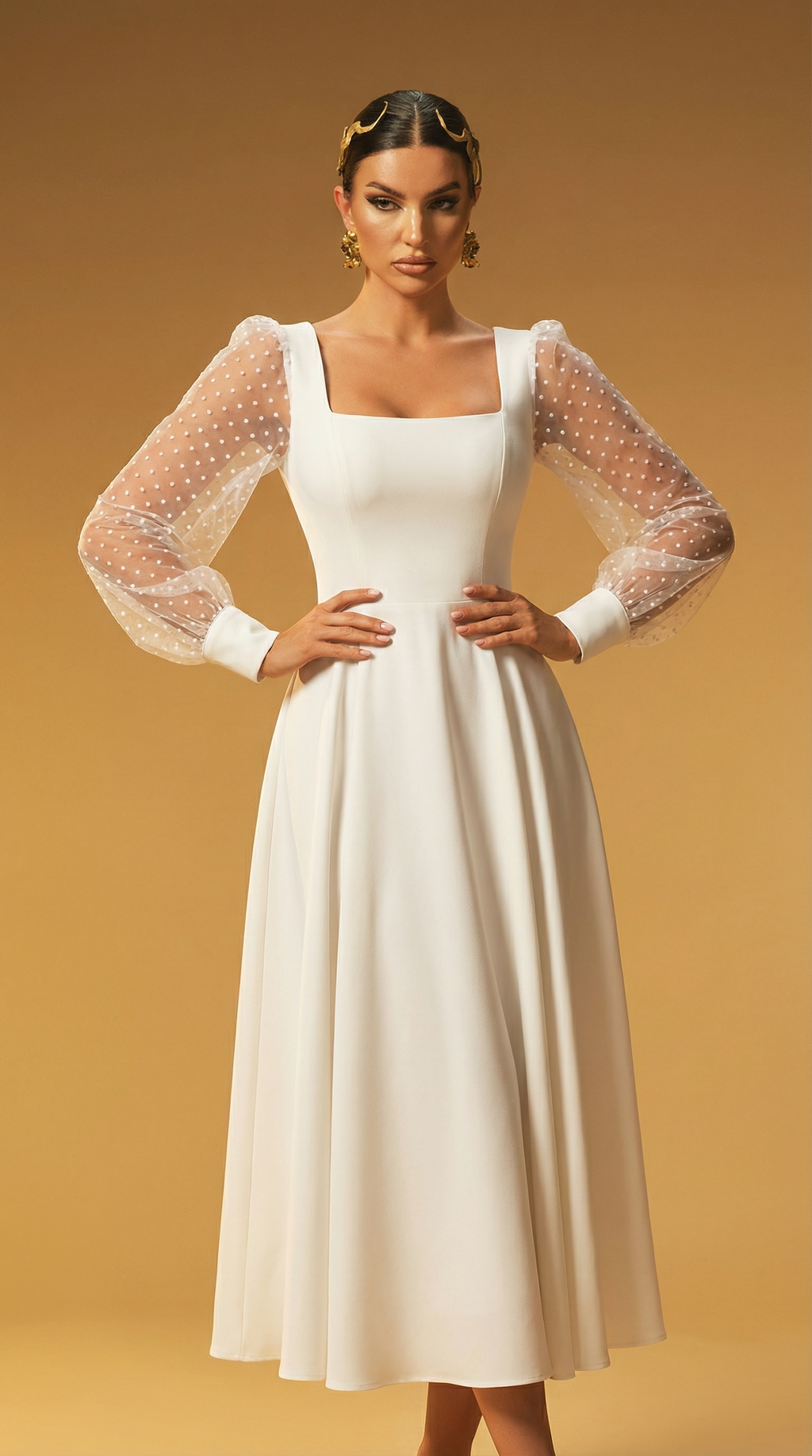 Organze Kollu Beyaz Uzun Elbise