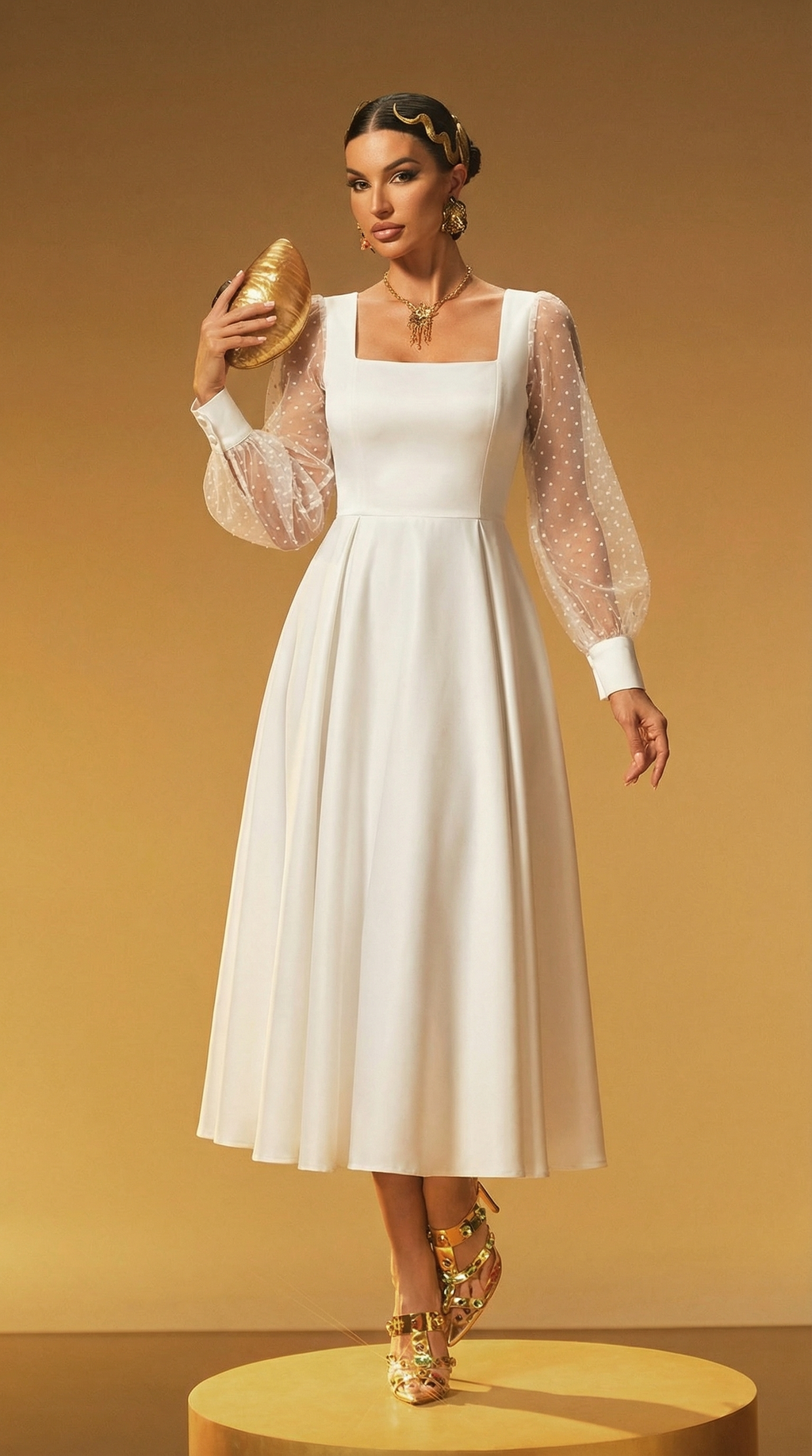 Organze Kollu Beyaz Uzun Elbise