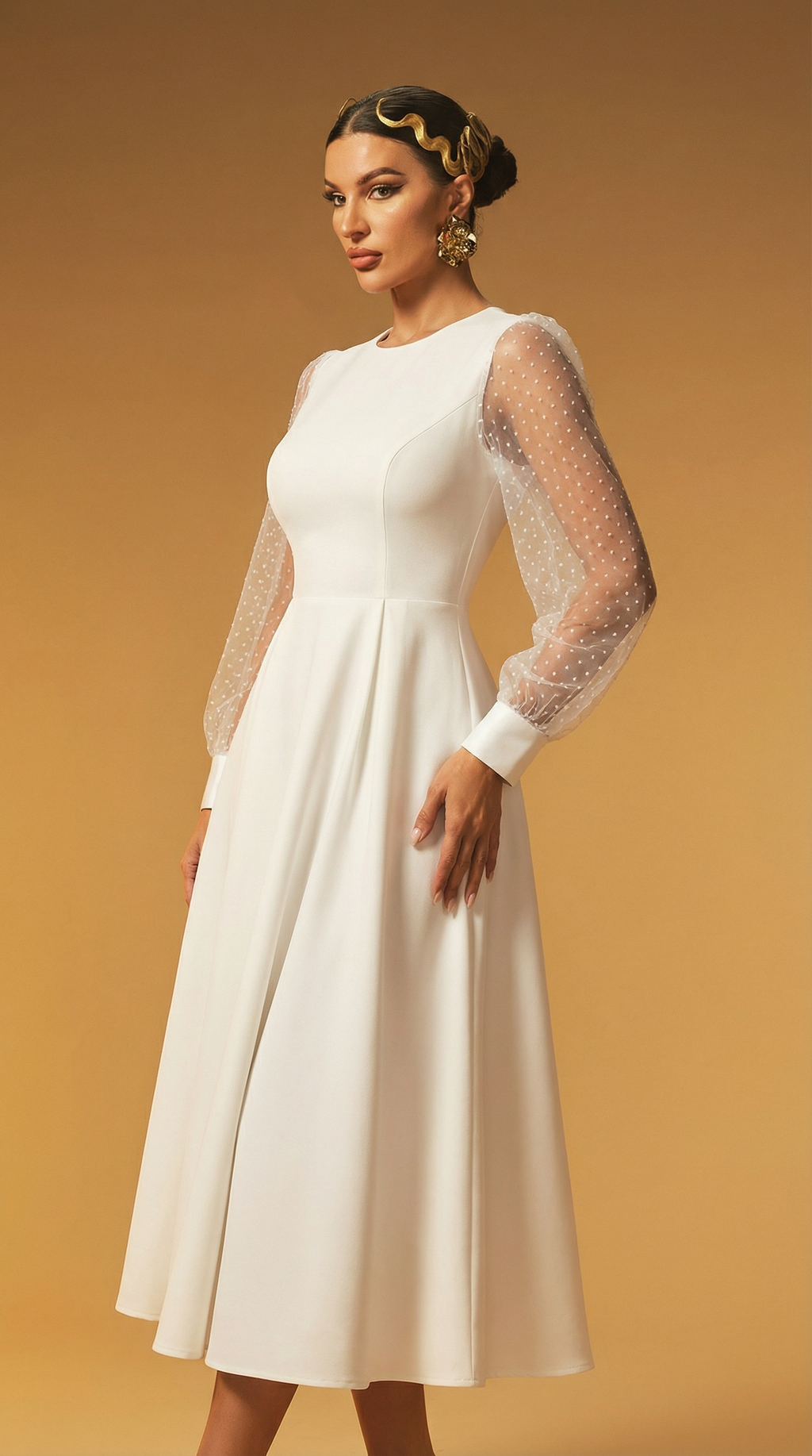 Organze Kollu Beyaz Uzun Elbise