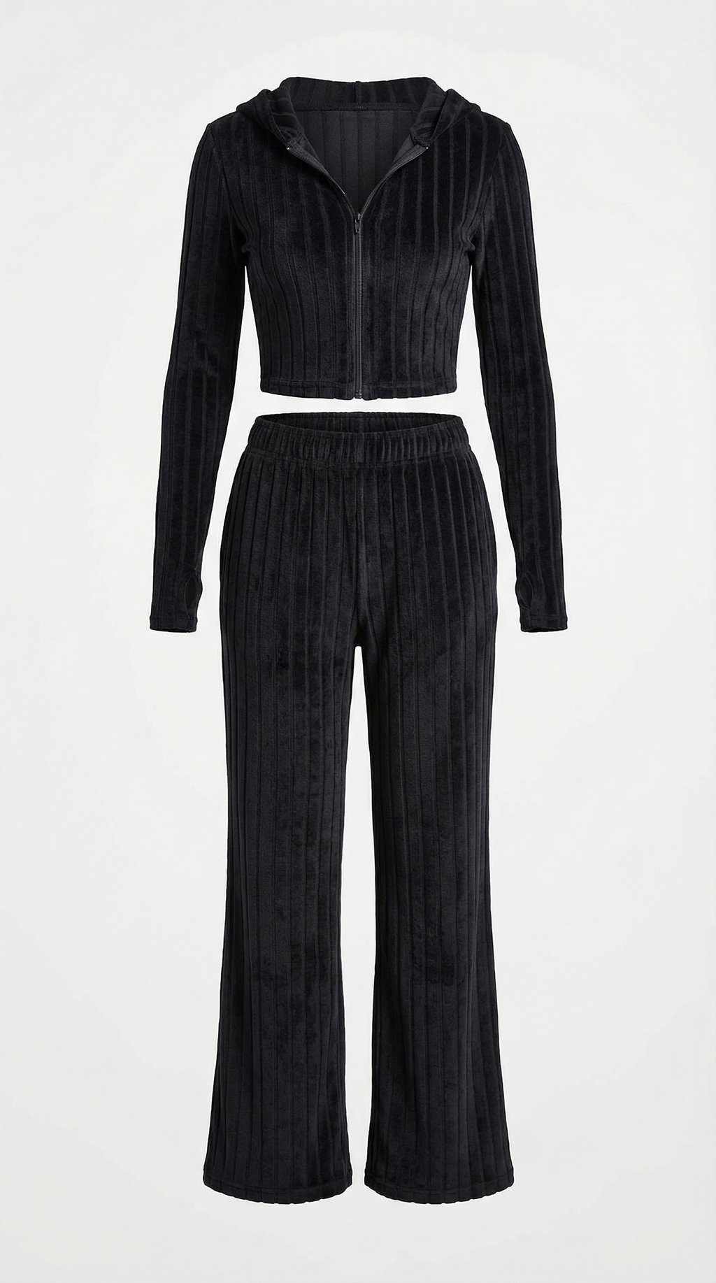 Fermuar Detaylı Kapüşonlu Kadife İkili Takım