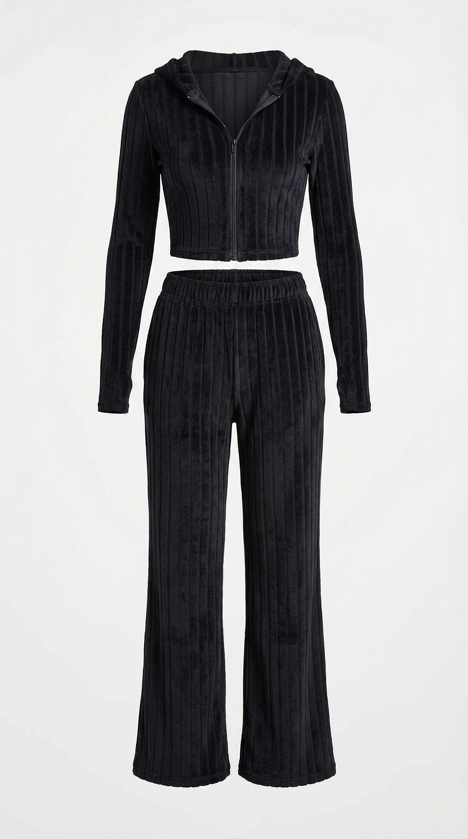 Fermuar Detaylı Kapüşonlu Kadife İkili Takım