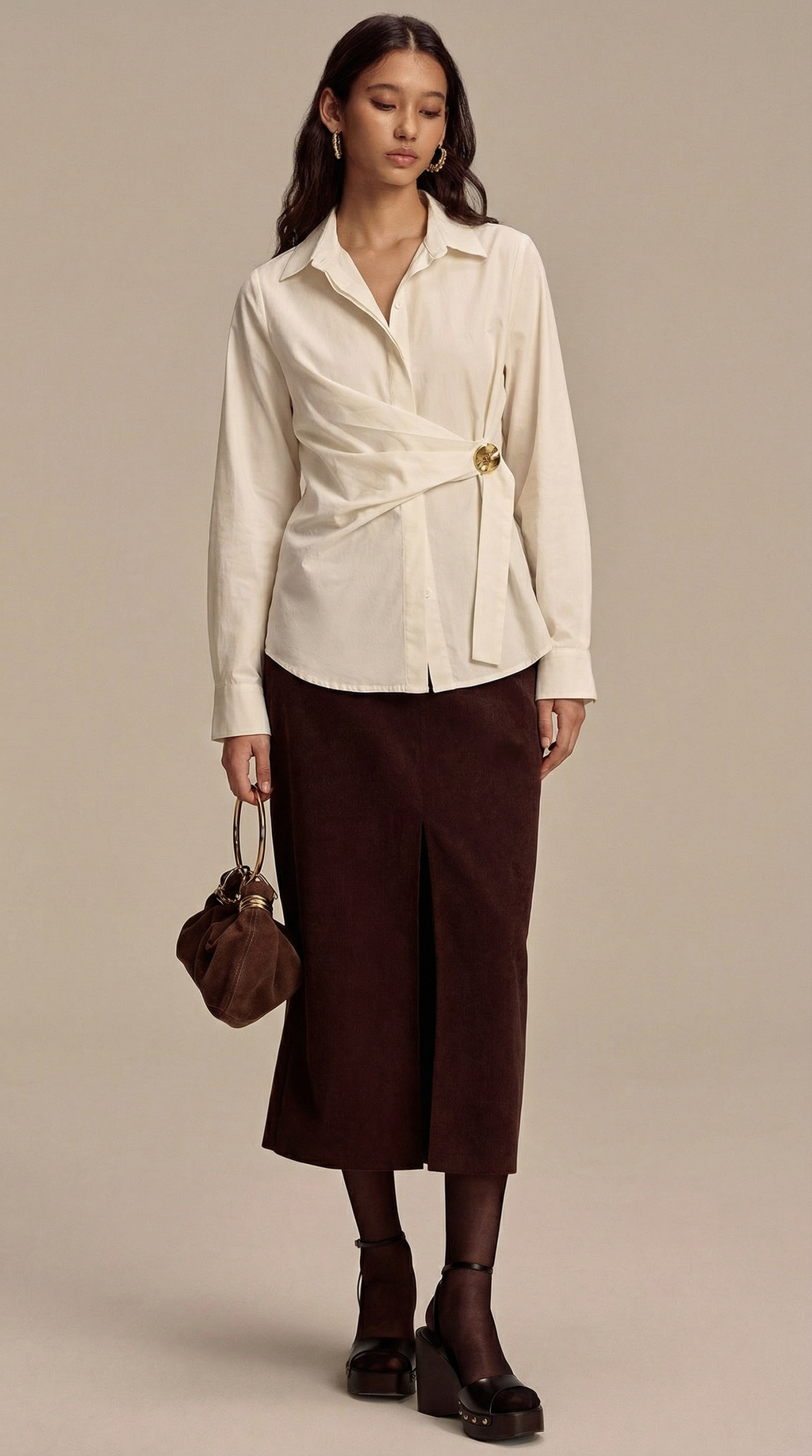 Ekru Metal Tokalı Bağlamalı Gömlek