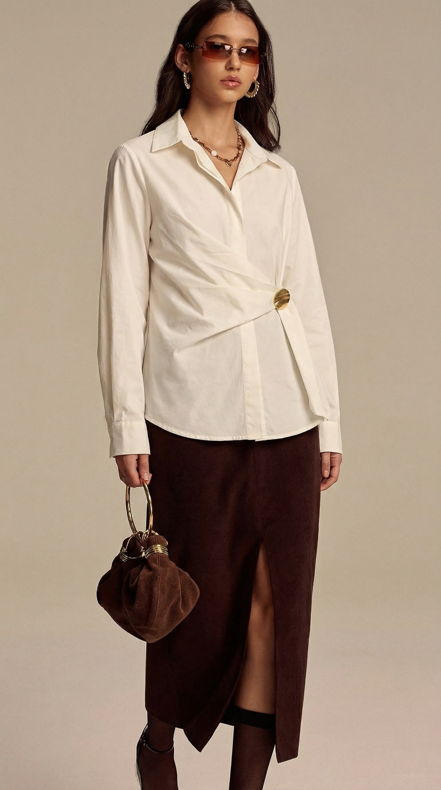 Ekru Metal Tokalı Bağlamalı Gömlek