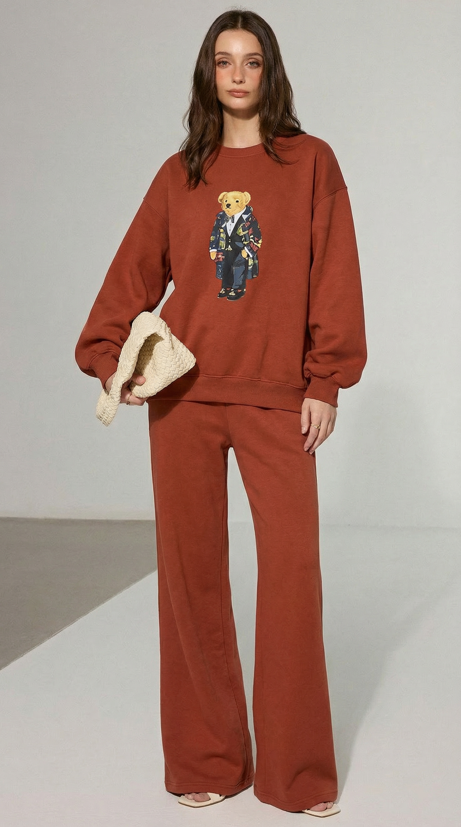 Kiremit Renkli Grafik Baskılı Sweat Takım