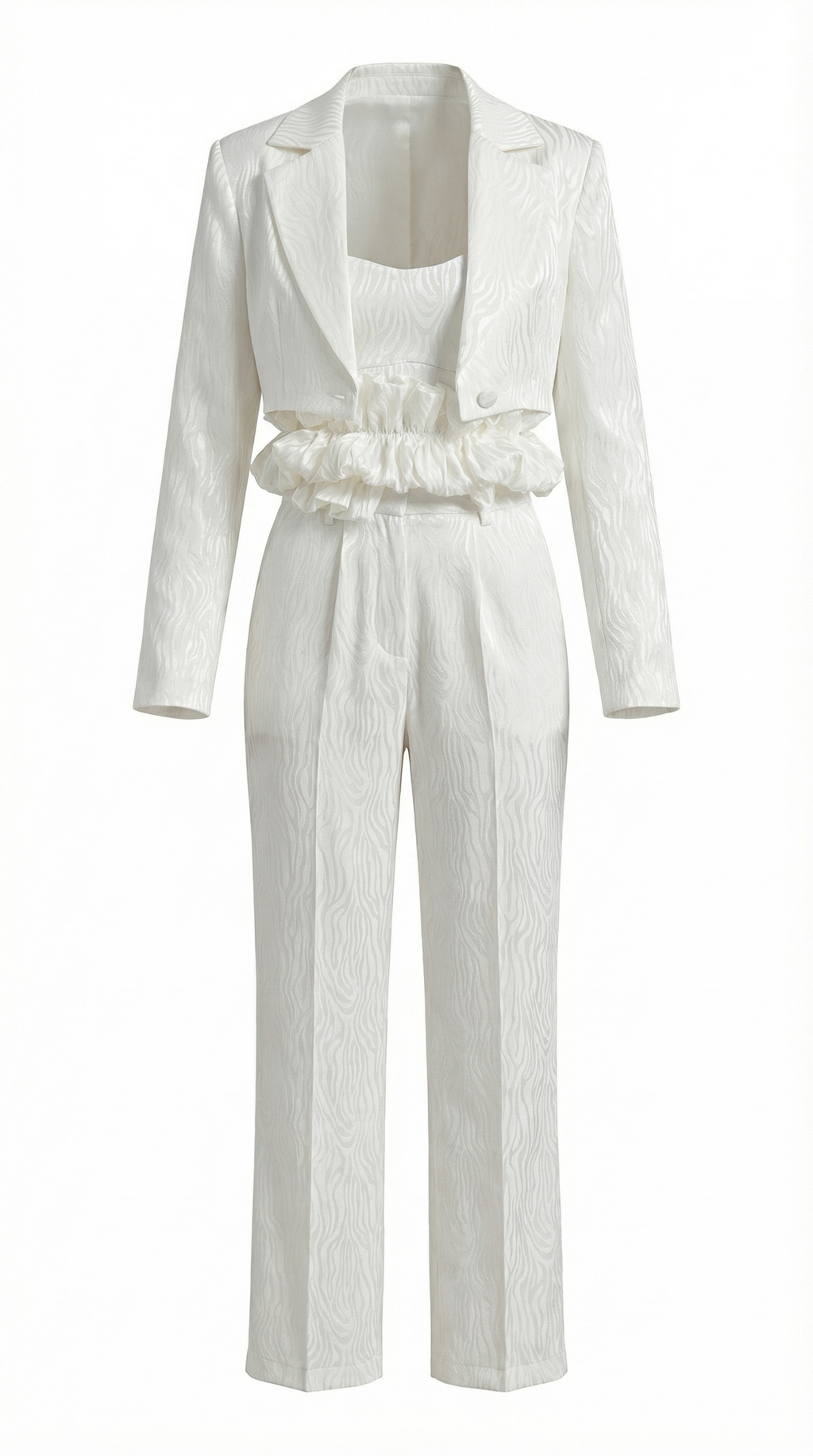 Jakarlı Kısa Ceketli Üçlü Beyaz Takım