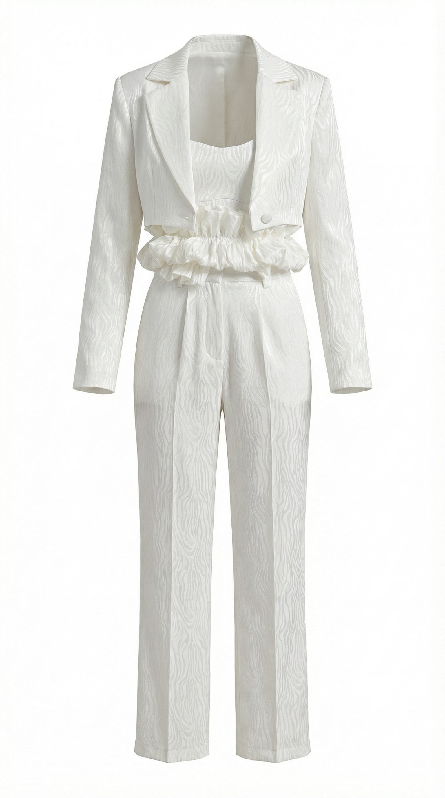 Jakarlı Kısa Ceketli Üçlü Beyaz Takım