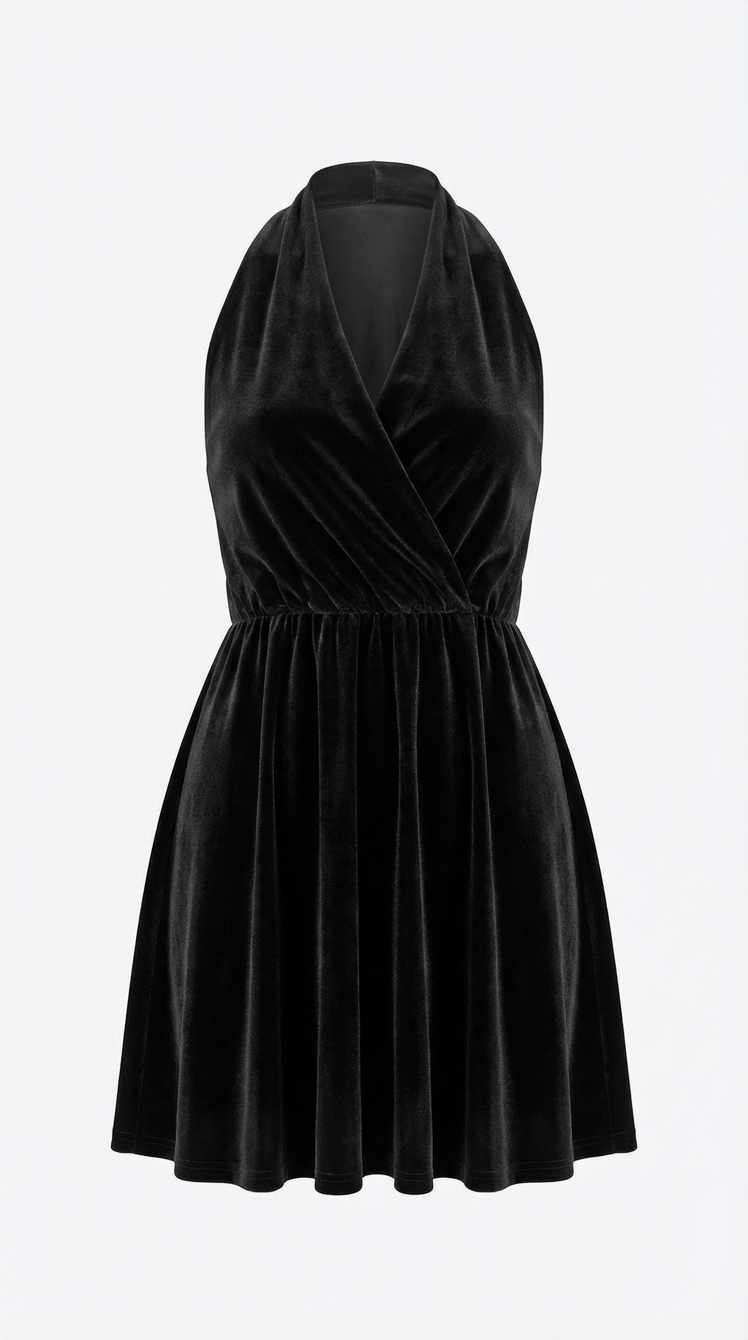 Kadife Siyah Boyundan Geçmeli Mini Elbise