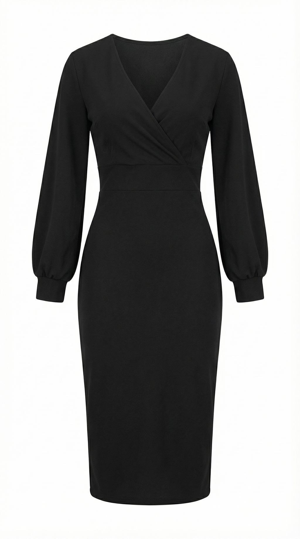 Siyah Kruvaze Yaka Balon Kollu Midi Elbise