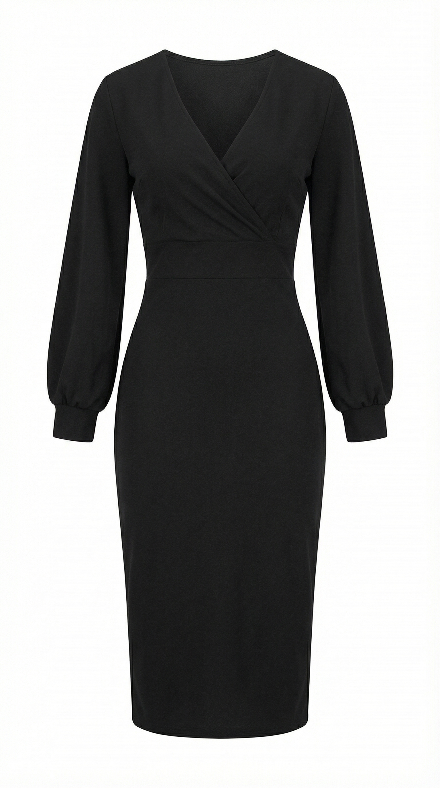 Siyah Kruvaze Yaka Balon Kollu Midi Elbise