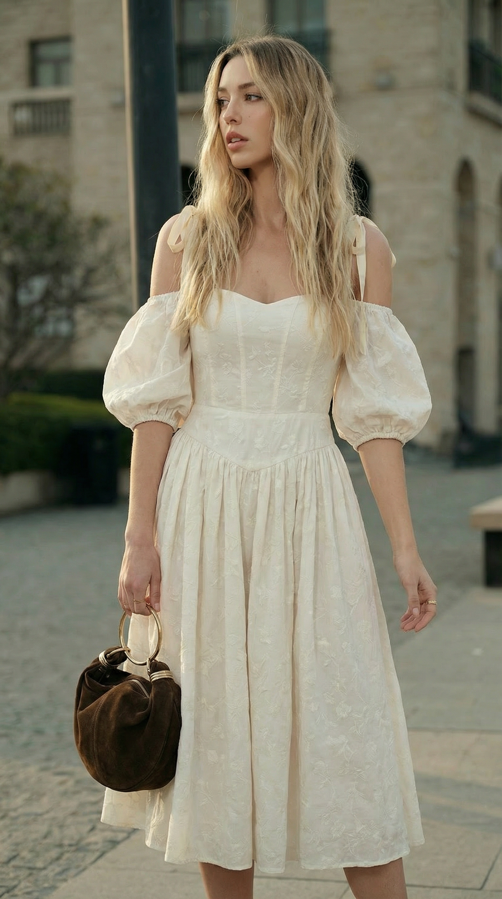 Bej Omuzu Bağcıklı Brode Elbise