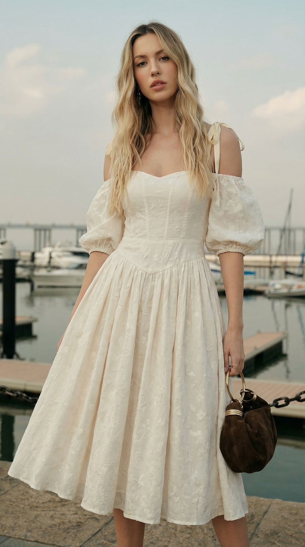 Bej Omuzu Bağcıklı Brode Elbise