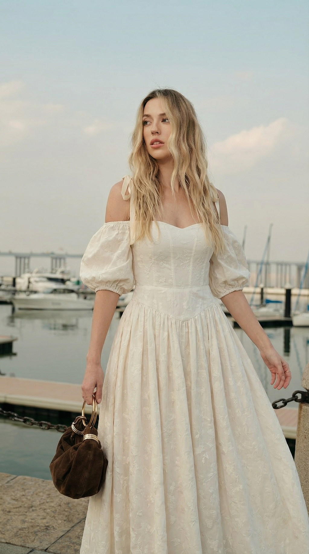 Bej Omuzu Bağcıklı Brode Elbise