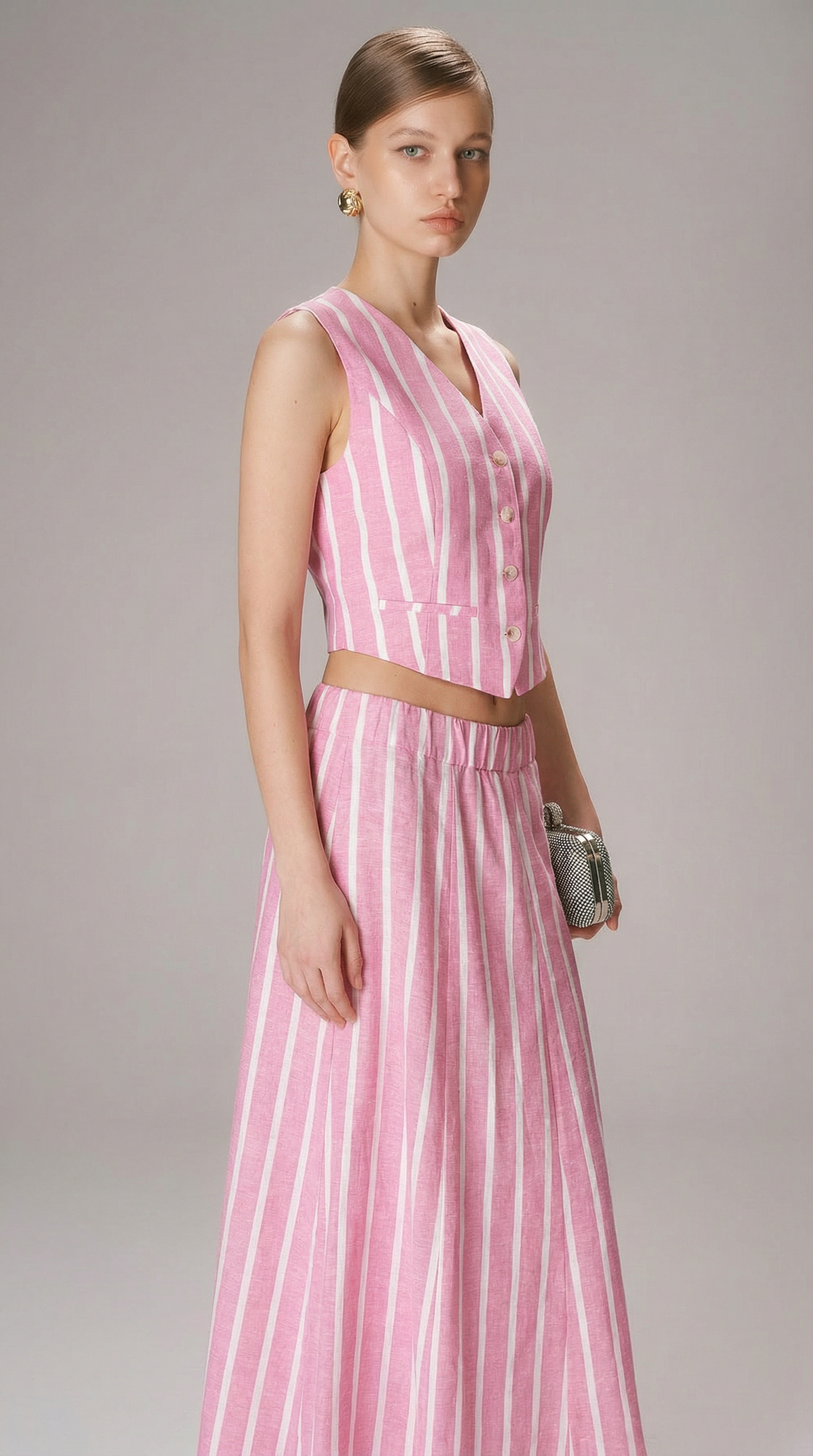 Çizgili Keten Yelek ve Uzun Etek Takım - Pembe